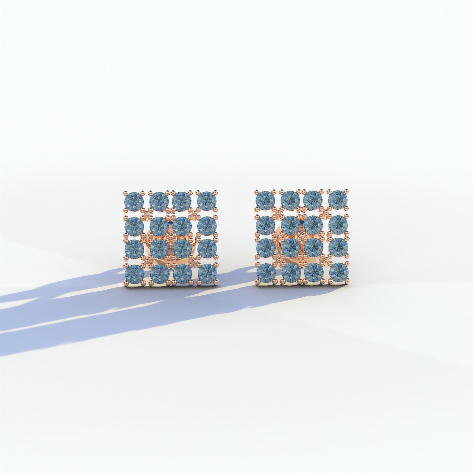 Blue Round Cut Lab Diamond Cluster Setting Stud Earrings - Cindy - 10K Solid Gold / Rose Gold