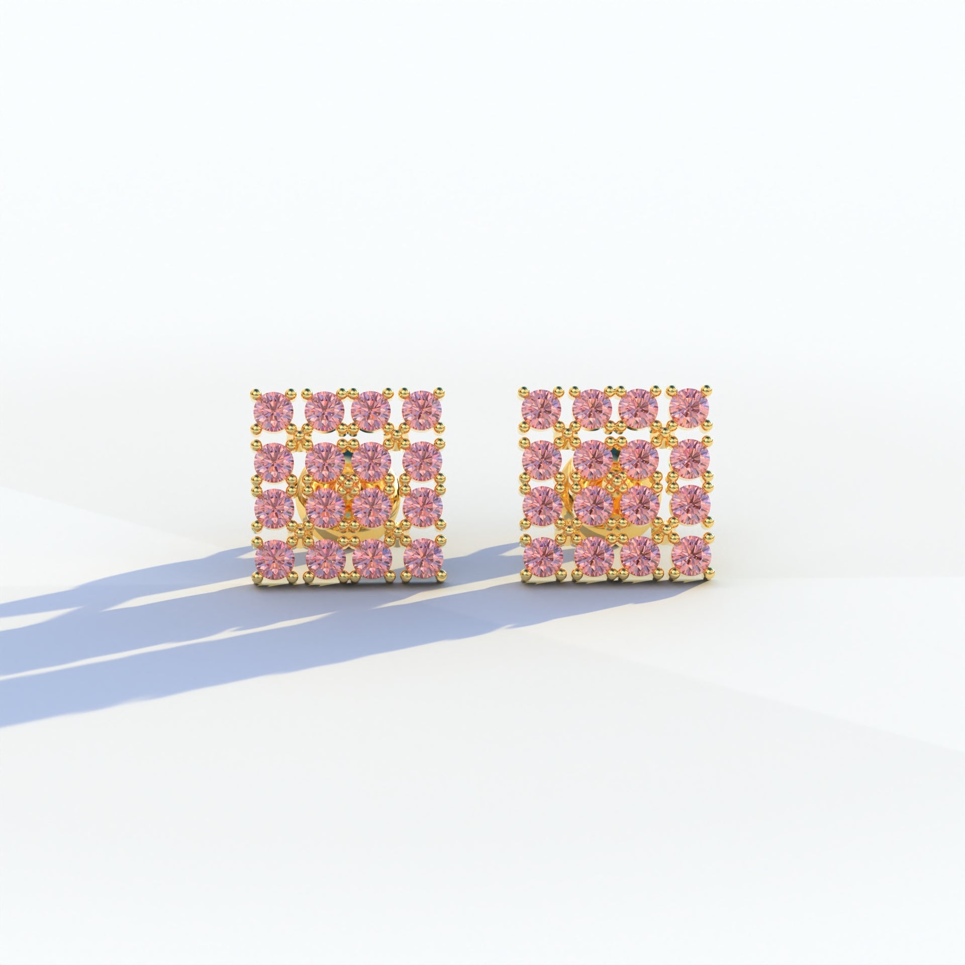 Pink Round Cut Lab Diamond Cluster Setting Stud Earrings - Cindy - 10K Solid Gold / Yellow Gold