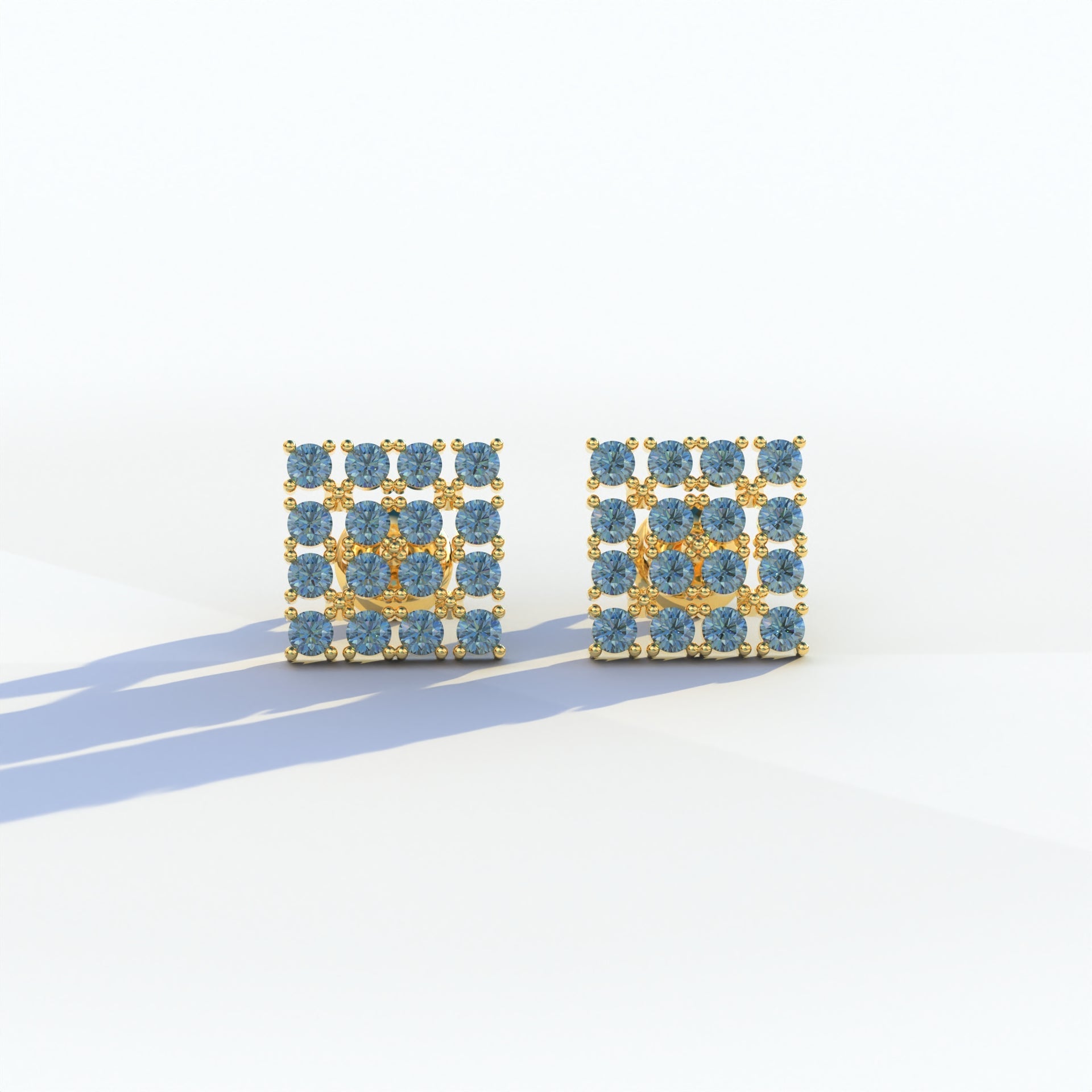 Blue Round Cut Lab Diamond Cluster Setting Stud Earrings - Cindy - 10K Solid Gold / Yellow Gold