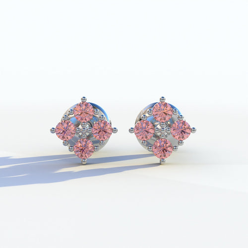 Pink Round Cut Lab Diamond Stud Earrings | Cluster Setting - Rae Brilliance - 10K Solid Gold / White Gold