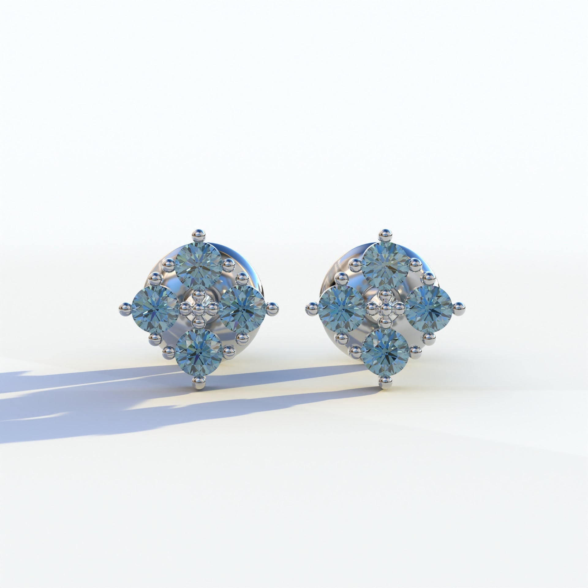 Blue Round Cut Lab Diamond Stud Earrings | Cluster Setting - Rae Brilliance - 10K Solid Gold / White Gold