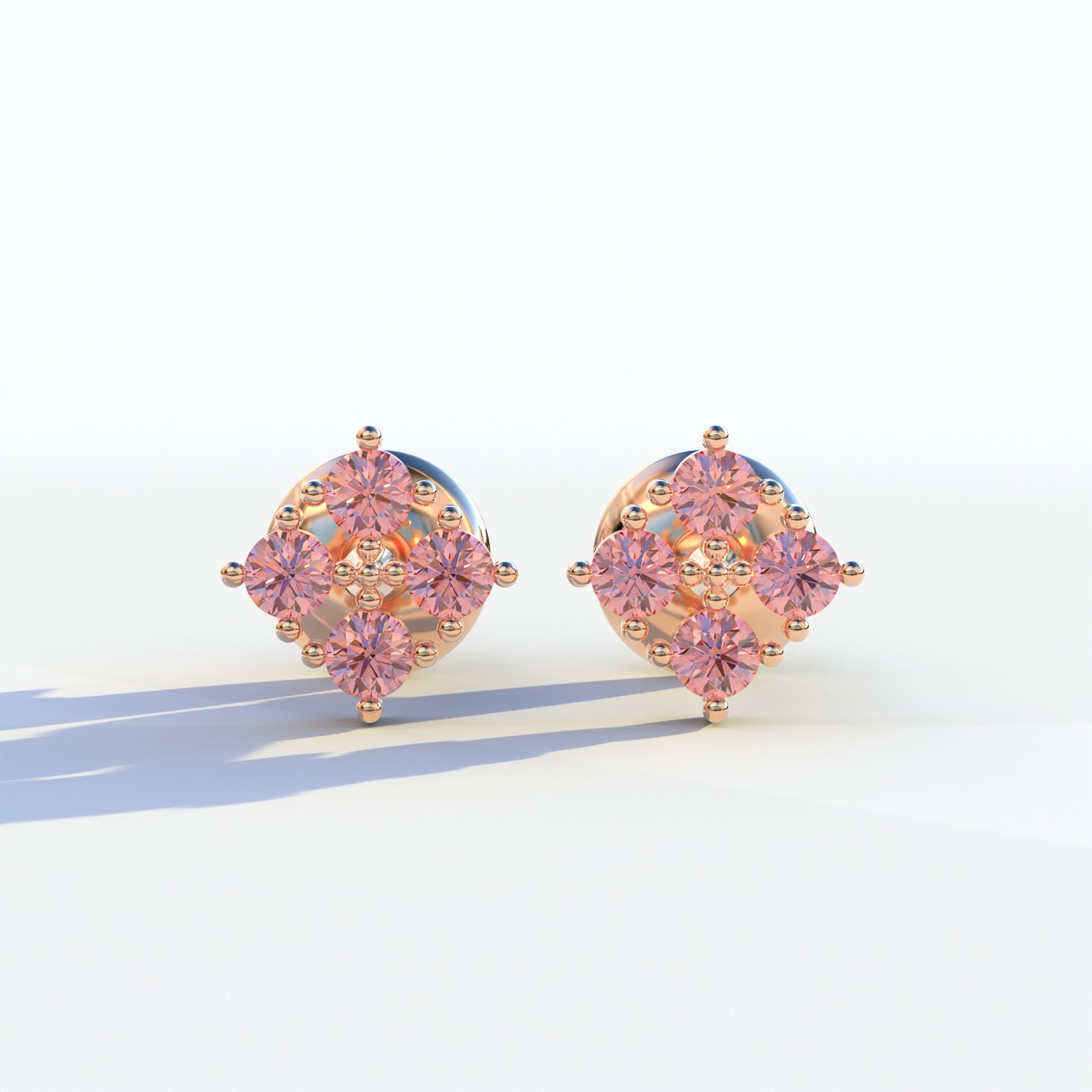 Pink Round Cut Lab Diamond Stud Earrings | Cluster Setting - Rae Brilliance - 10K Solid Gold / Rose Gold