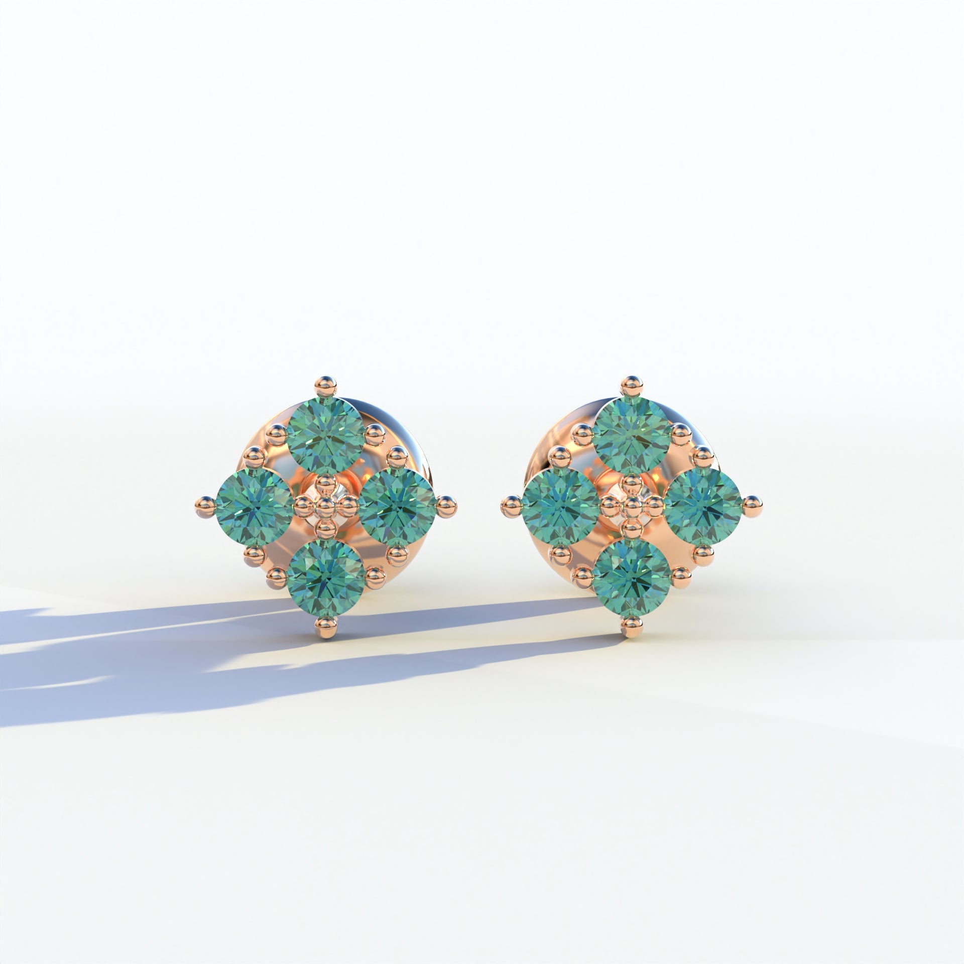 Green Round Cut Lab Diamond Stud Earrings | Cluster Setting - Rae Brilliance - 10K Solid Gold / Rose Gold