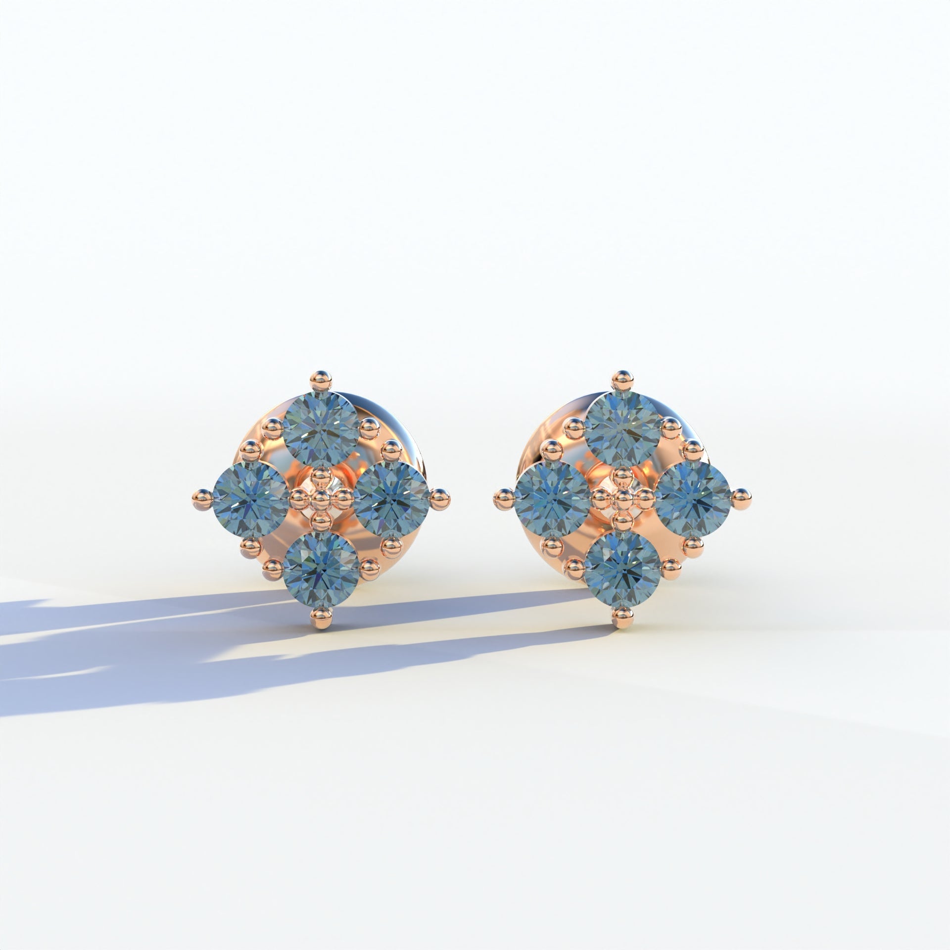 Blue Round Cut Lab Diamond Stud Earrings | Cluster Setting - Rae Brilliance - 10K Solid Gold / Rose Gold