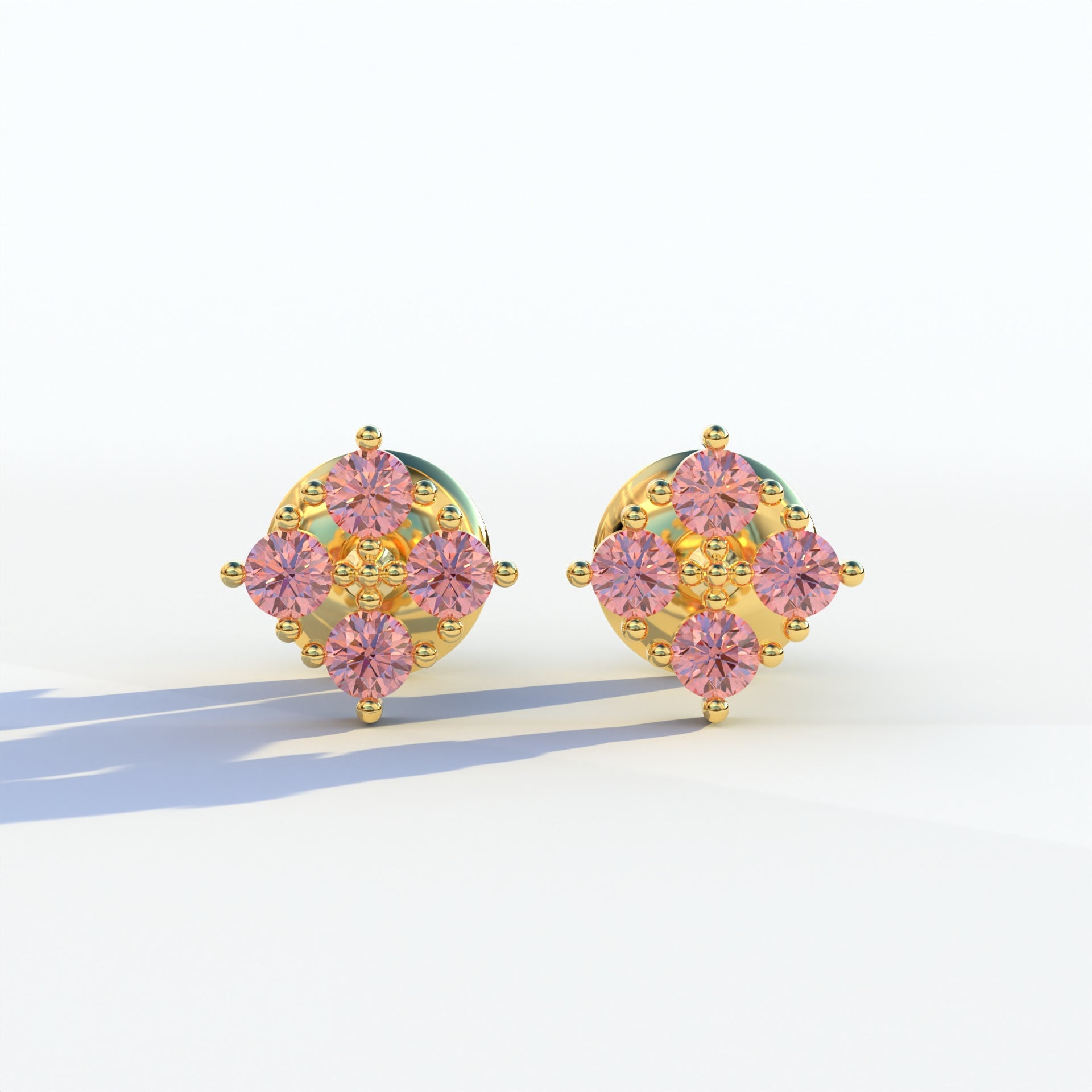 Pink Round Cut Lab Diamond Stud Earrings | Cluster Setting - Rae Brilliance - 10K Solid Gold / Yellow Gold