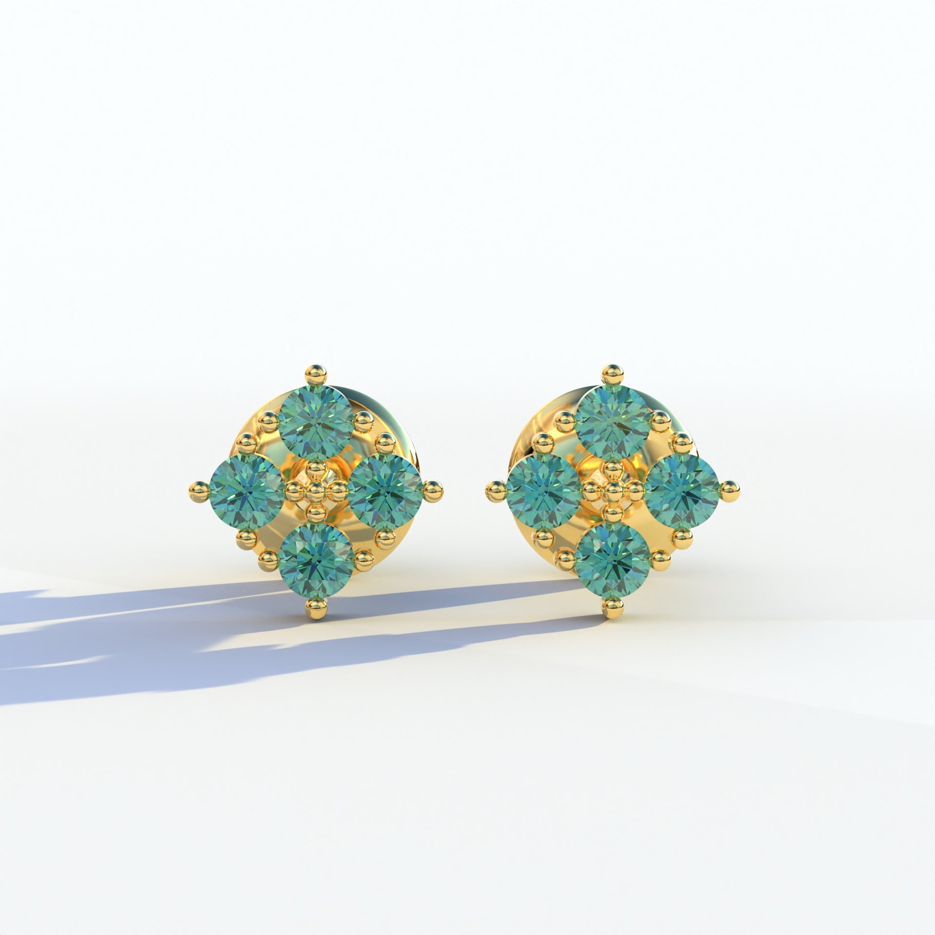Green Round Cut Lab Diamond Stud Earrings | Cluster Setting - Rae Brilliance - 10K Solid Gold / Yellow Gold