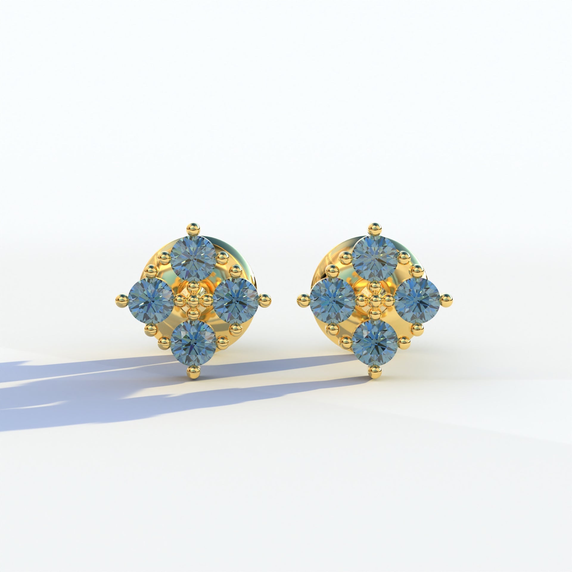 Blue Round Cut Lab Diamond Stud Earrings | Cluster Setting - Rae Brilliance - 10K Solid Gold / Yellow Gold