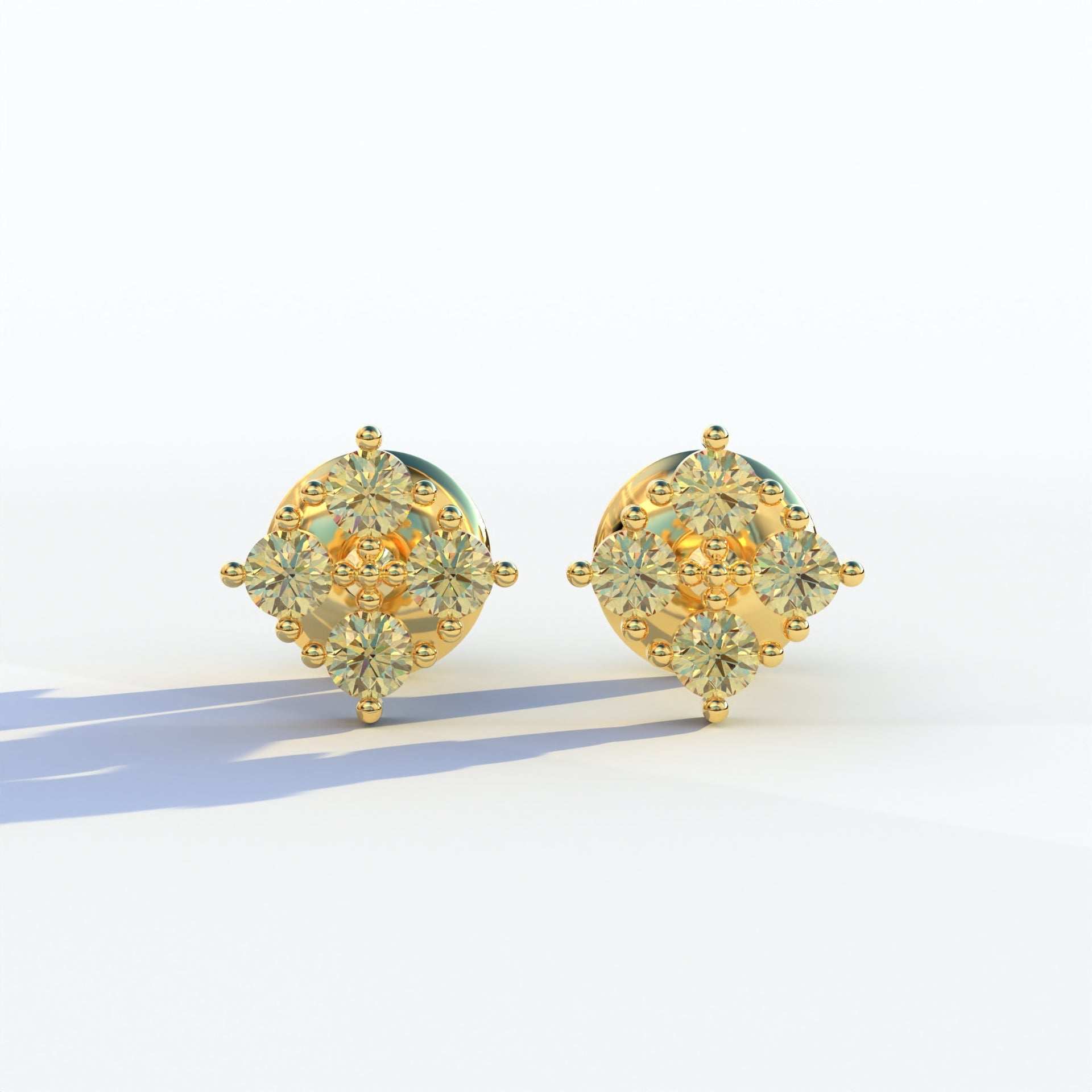 Yellow Round Cut Lab Diamond Stud Earrings | Cluster Setting - Rae Brilliance - 10K Solid Gold / Yellow Gold