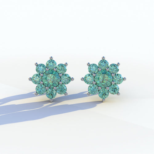 Persee - Round Green Diamond Stud Earrings| Piercing Flower Setting - 10K Solid Gold / White Gold
