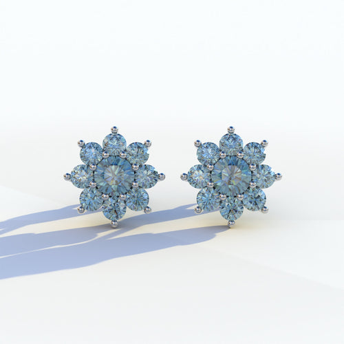 Persee - Round Blue Diamond Stud Earrings| Piercing Flower Setting - 10K Solid Gold / White Gold