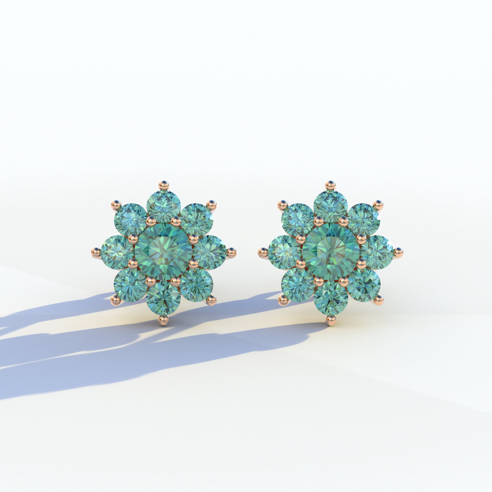 Persee - Round Green Diamond Stud Earrings| Piercing Flower Setting - 10K Solid Gold / Rose Gold