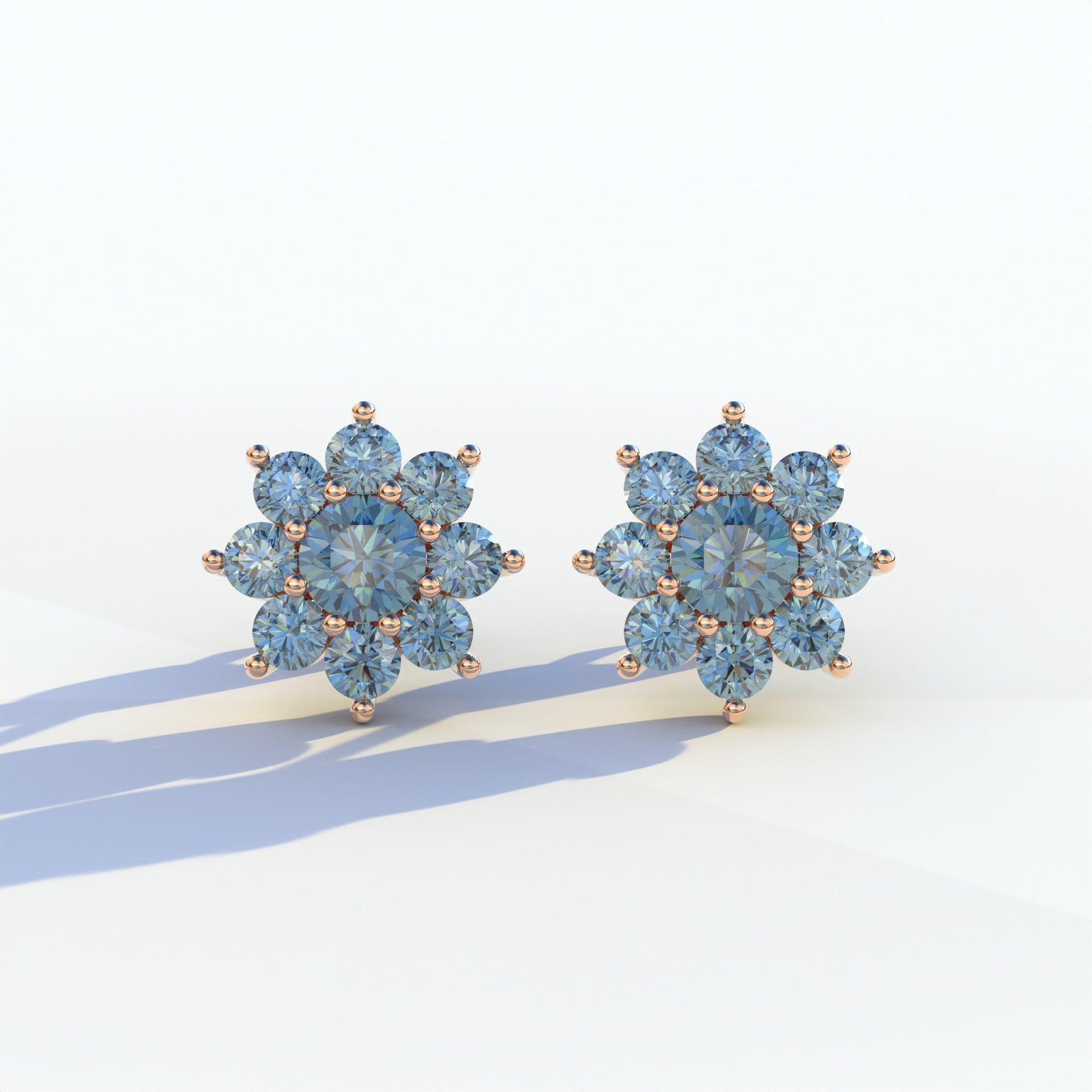 Persee - Round Blue Diamond Stud Earrings| Piercing Flower Setting - 10K Solid Gold / Rose Gold