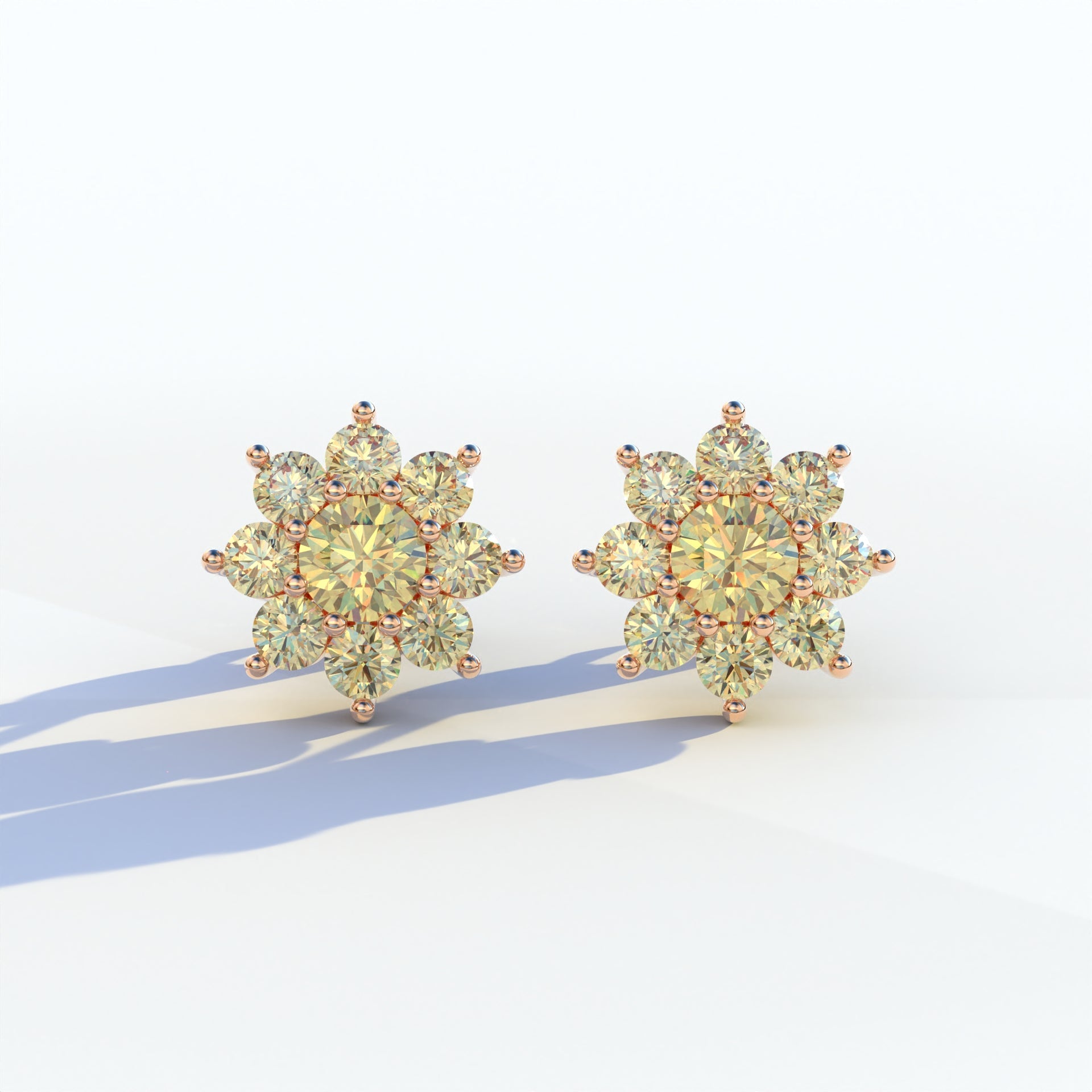 Persee - Round Yellow Diamond Stud Earrings| Piercing Flower Setting - 10K Solid Gold / Rose Gold