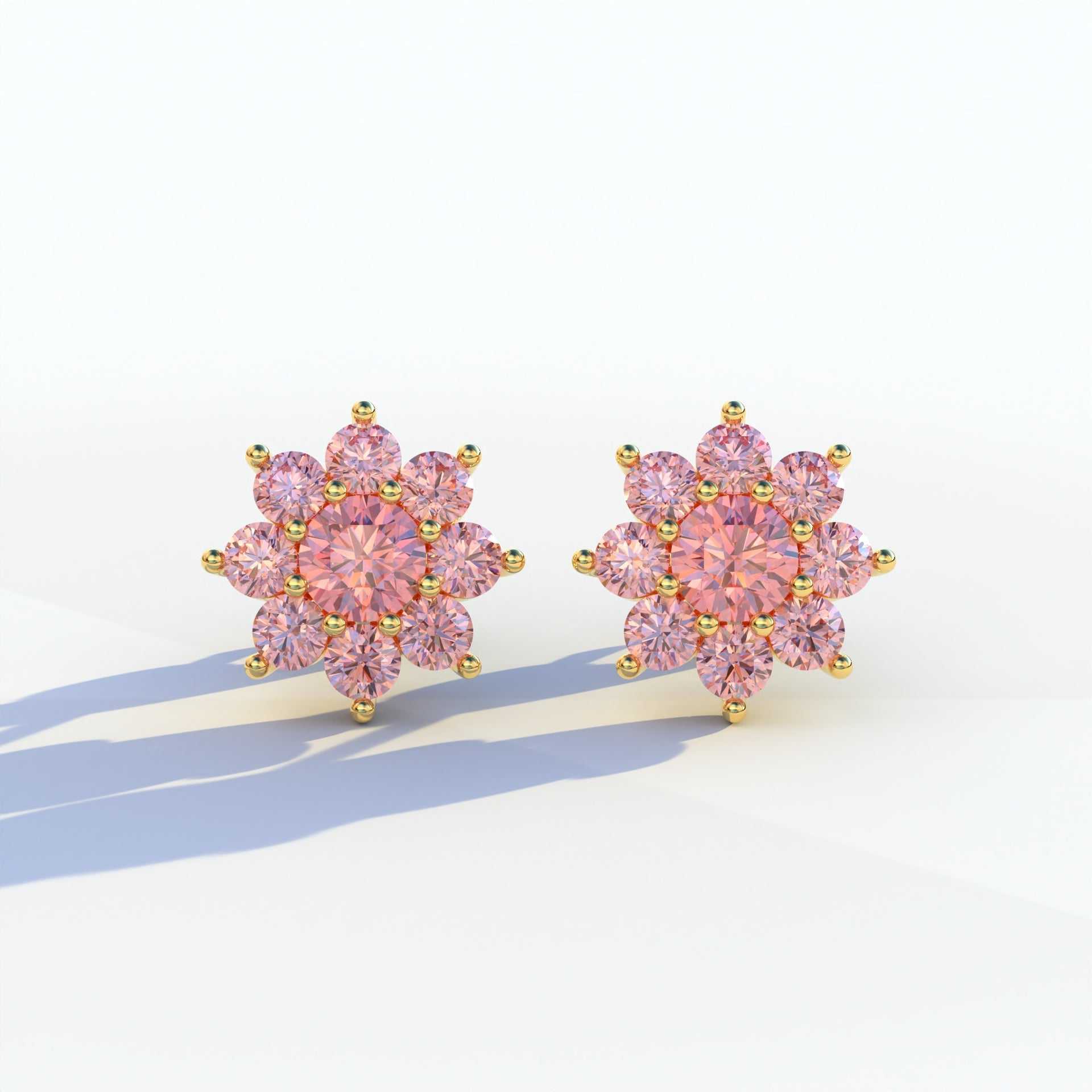 Persee - Round Pink Diamond Stud Earrings| Piercing Flower Setting - 10K Solid Gold / Yellow Gold
