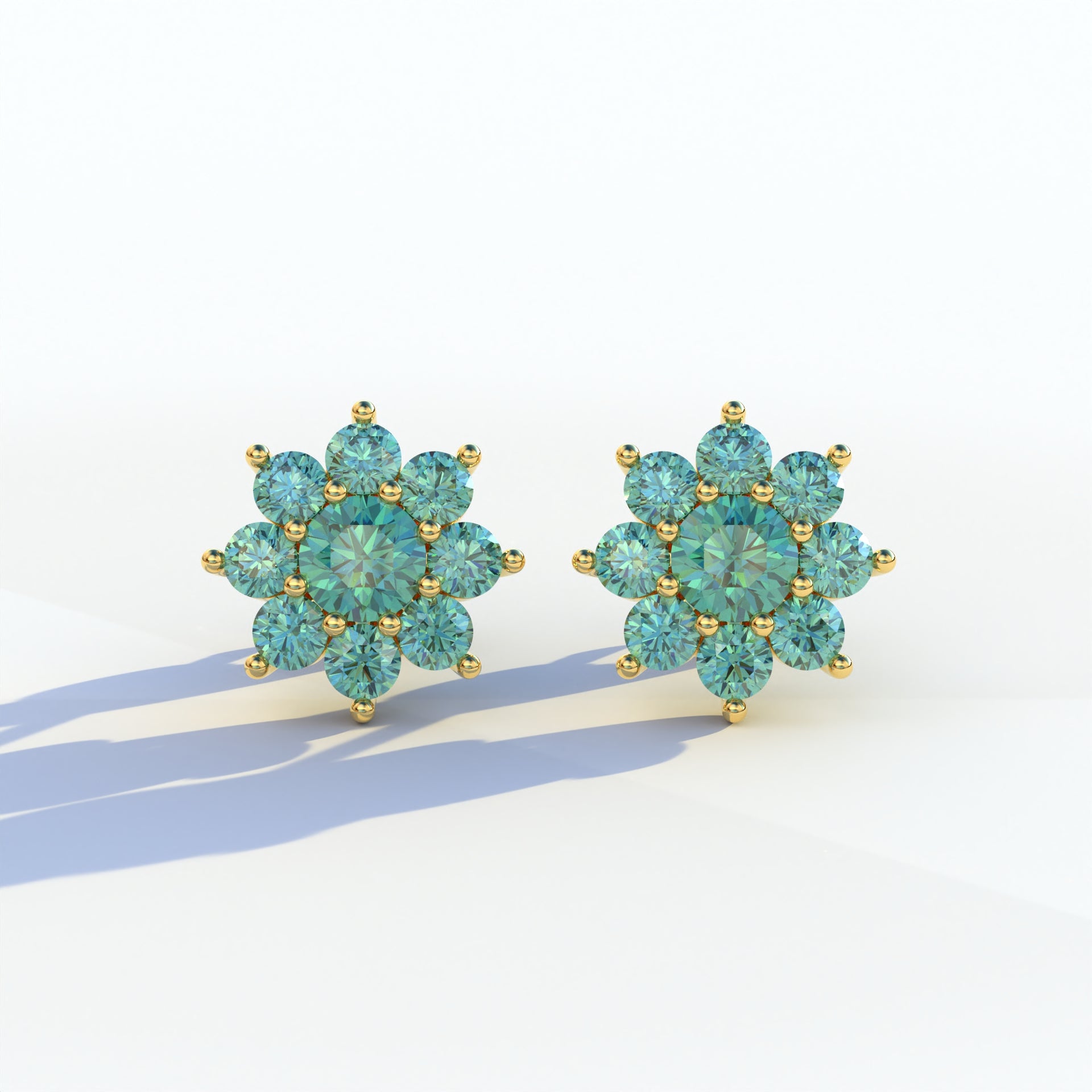 Persee - Round Green Diamond Stud Earrings| Piercing Flower Setting - 10K Solid Gold / Yellow Gold
