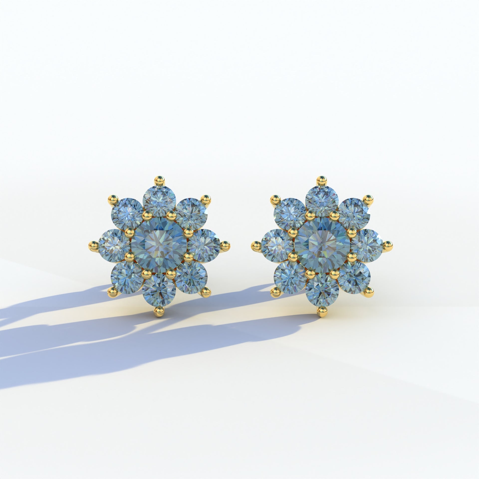 Persee - Round Blue Diamond Stud Earrings| Piercing Flower Setting - 10K Solid Gold / Yellow Gold
