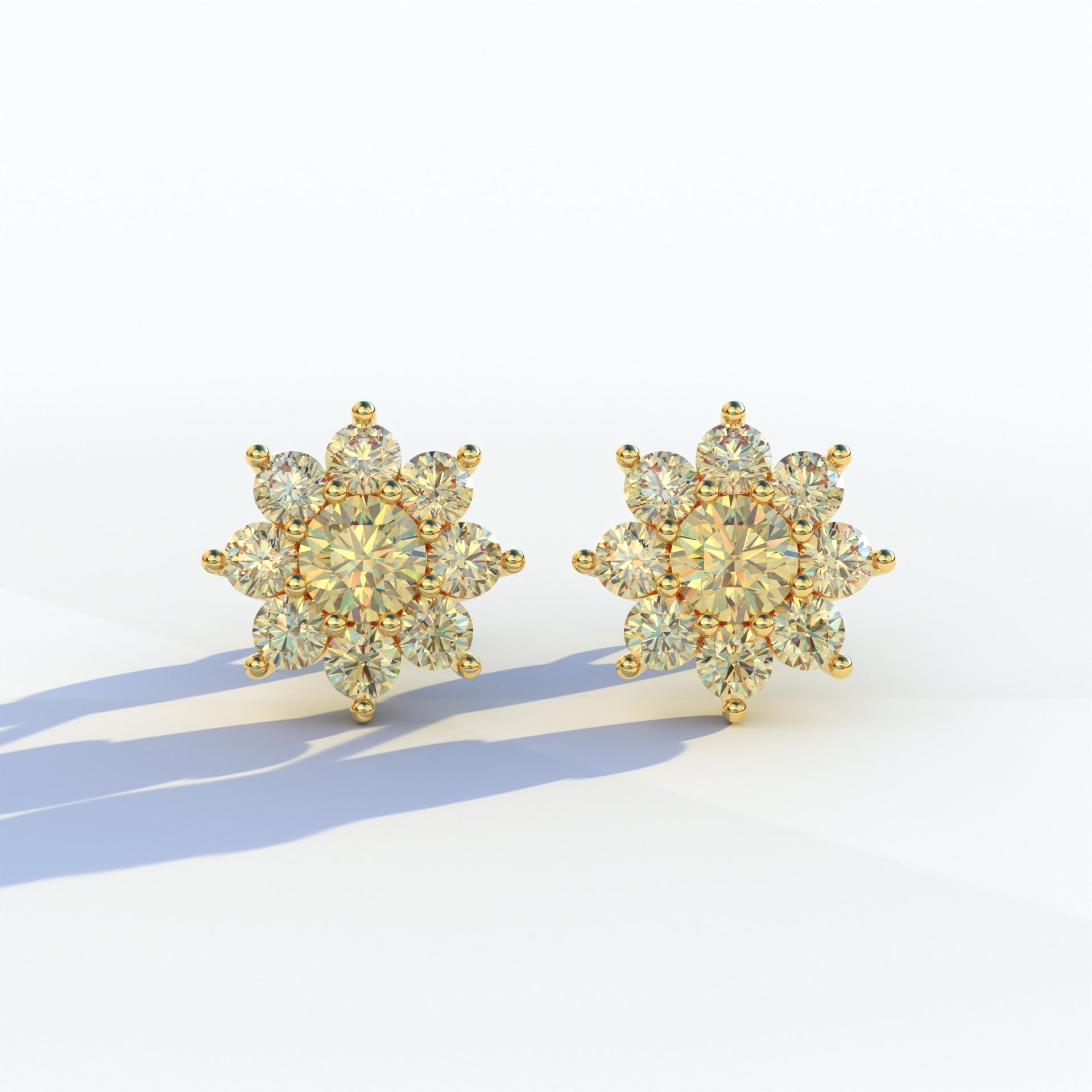 Persee - Round Yellow Diamond Stud Earrings| Piercing Flower Setting - 10K Solid Gold / Yellow Gold