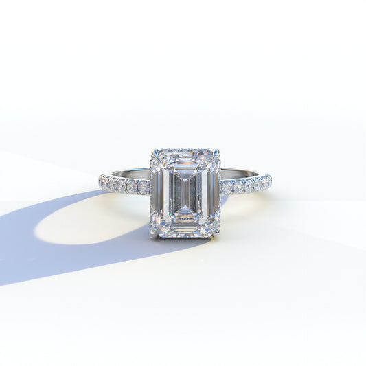 3 Ct E/VVS Emerald Cut Lab Diamond In Hidden Halo & Pave Setting Ring - Austin