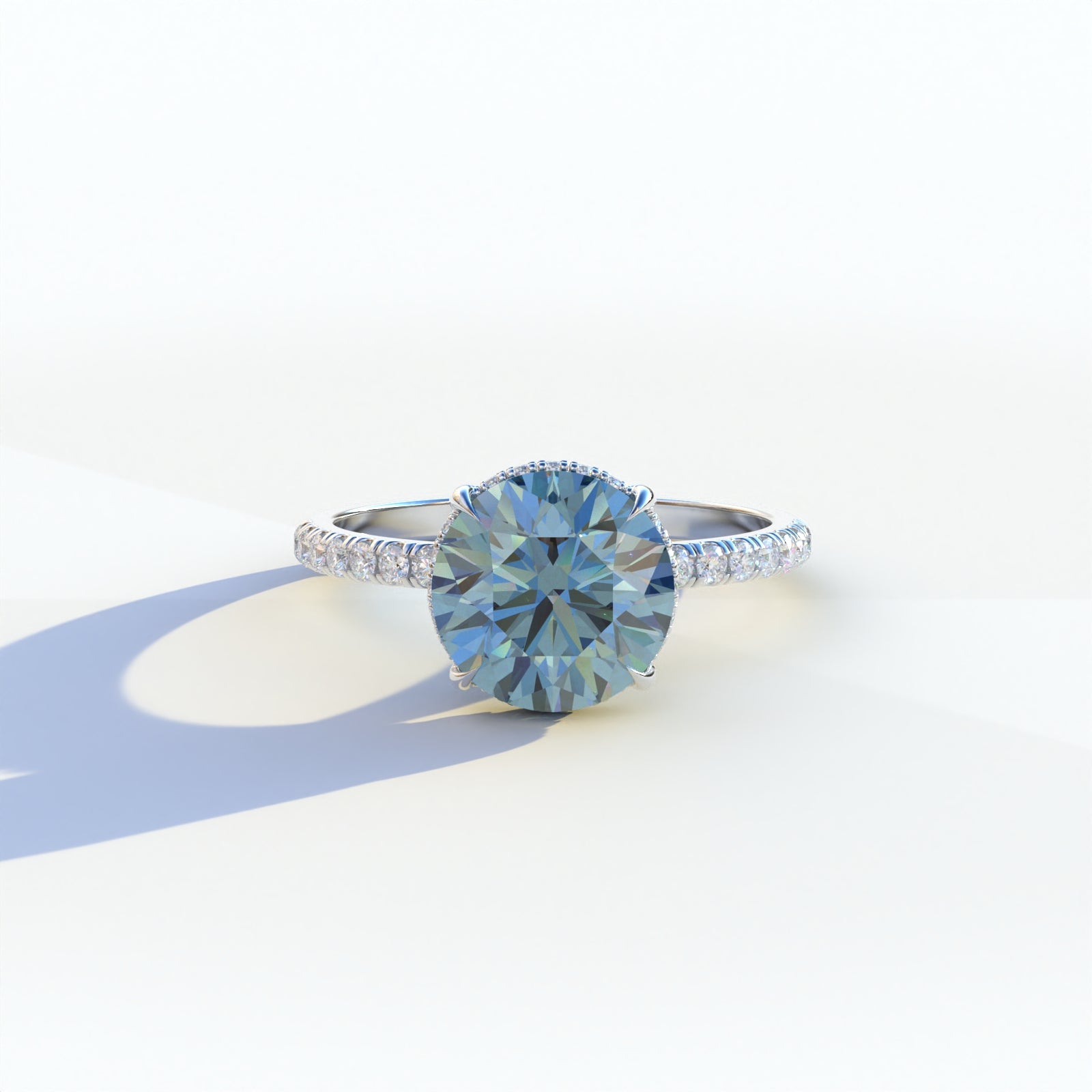 2 carat blue round cut lab diamond ring, hidden halo & pave ring, Schön, sustainable elegant jewelry, engagement ring, high-quality diamond ring, lab-grown diamond ring