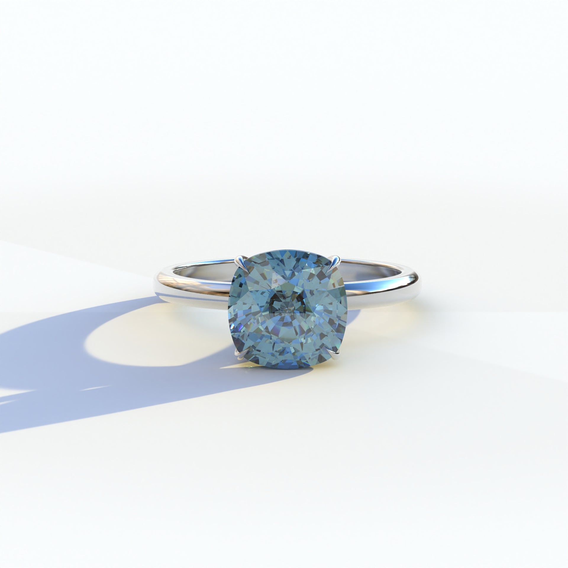 2.5 carat blue cushion cut lab-grown diamond, blue solitaire engagement ring, lab-grown diamond engagement ring, ethical blue diamond ring