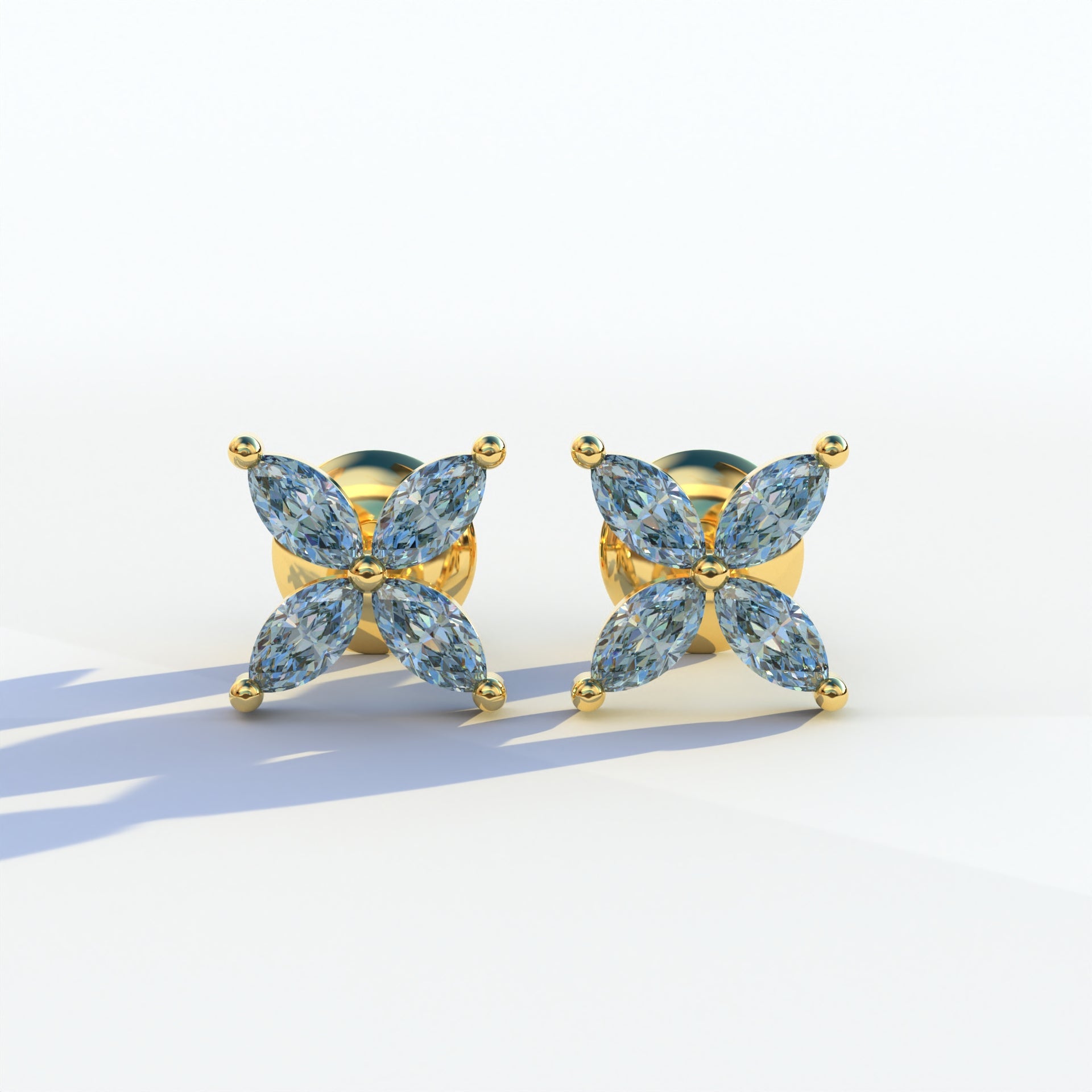 2 Carat Blue Marquise Cut Lab Grown Diamond Stud Earrings - Maria Tash - 10K Solid Gold / Yellow Gold