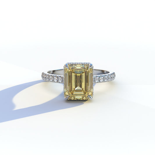 2.5 Ct Yellow Emerald Cut Lab Diamond In Hidden Halo & Pave Setting RIng - Siena