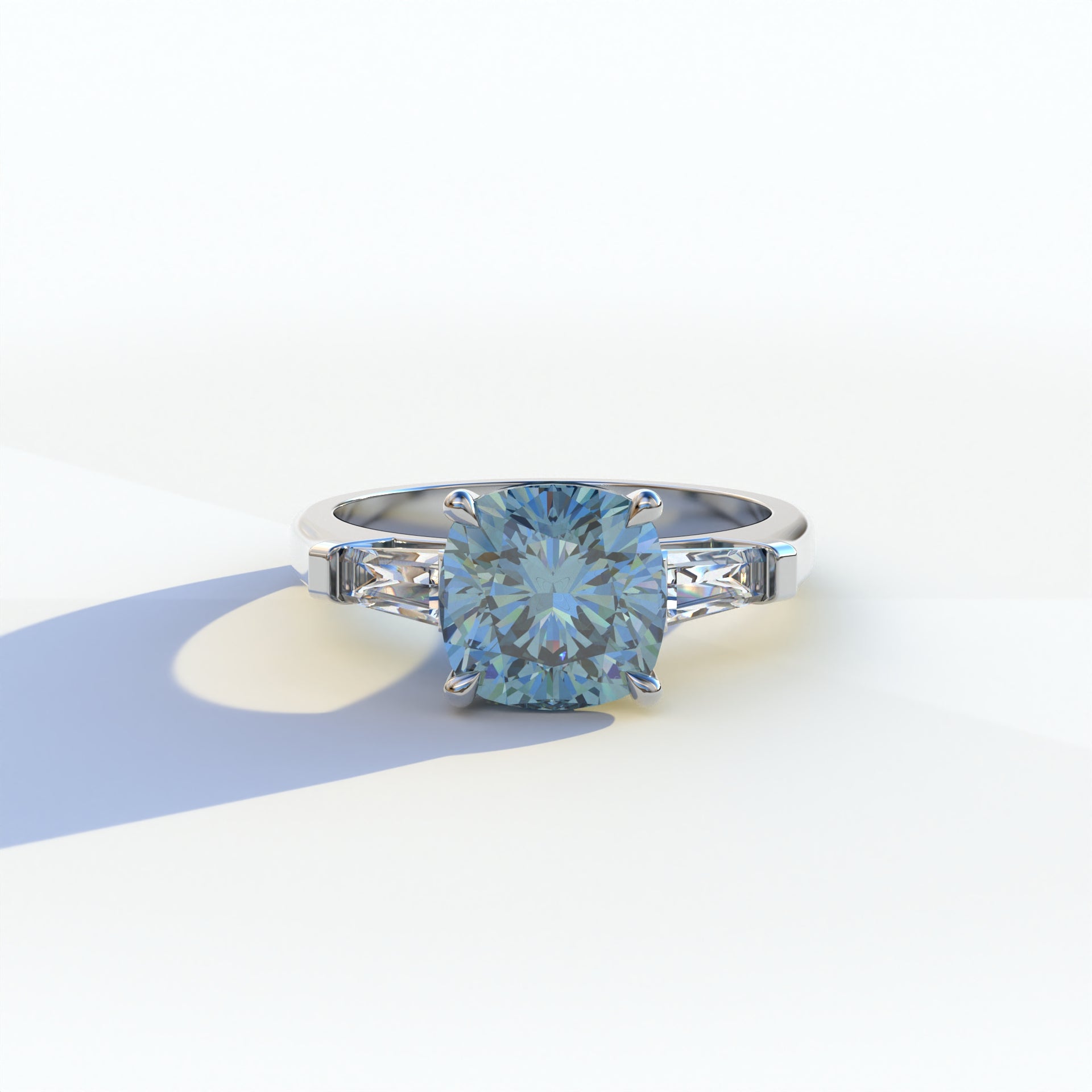 3 stone blue cushion cut lab-grown diamond, 2.5 carat blue diamond ring, baguette side stone ring, lab-grown diamond engagement ring, ethical blue diamond ring
