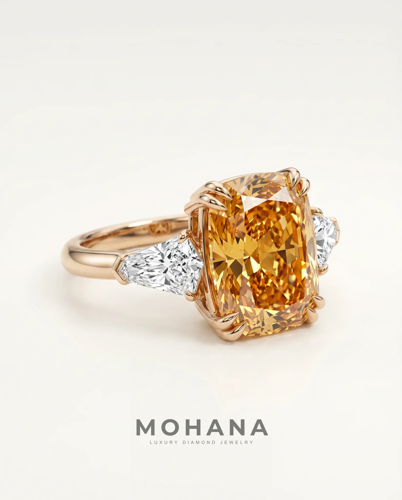 Ready to Ship 10 Carat Fancy Vivid Orangy Yellow Cushion Cut Three-Stone Rose Gold Diamond Ring — view 4