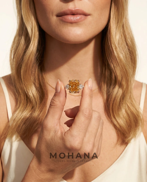 Ready to Ship 10 Carat Fancy Vivid Orangy Yellow Cushion Cut Three-Stone Rose Gold Diamond Ring — view 7