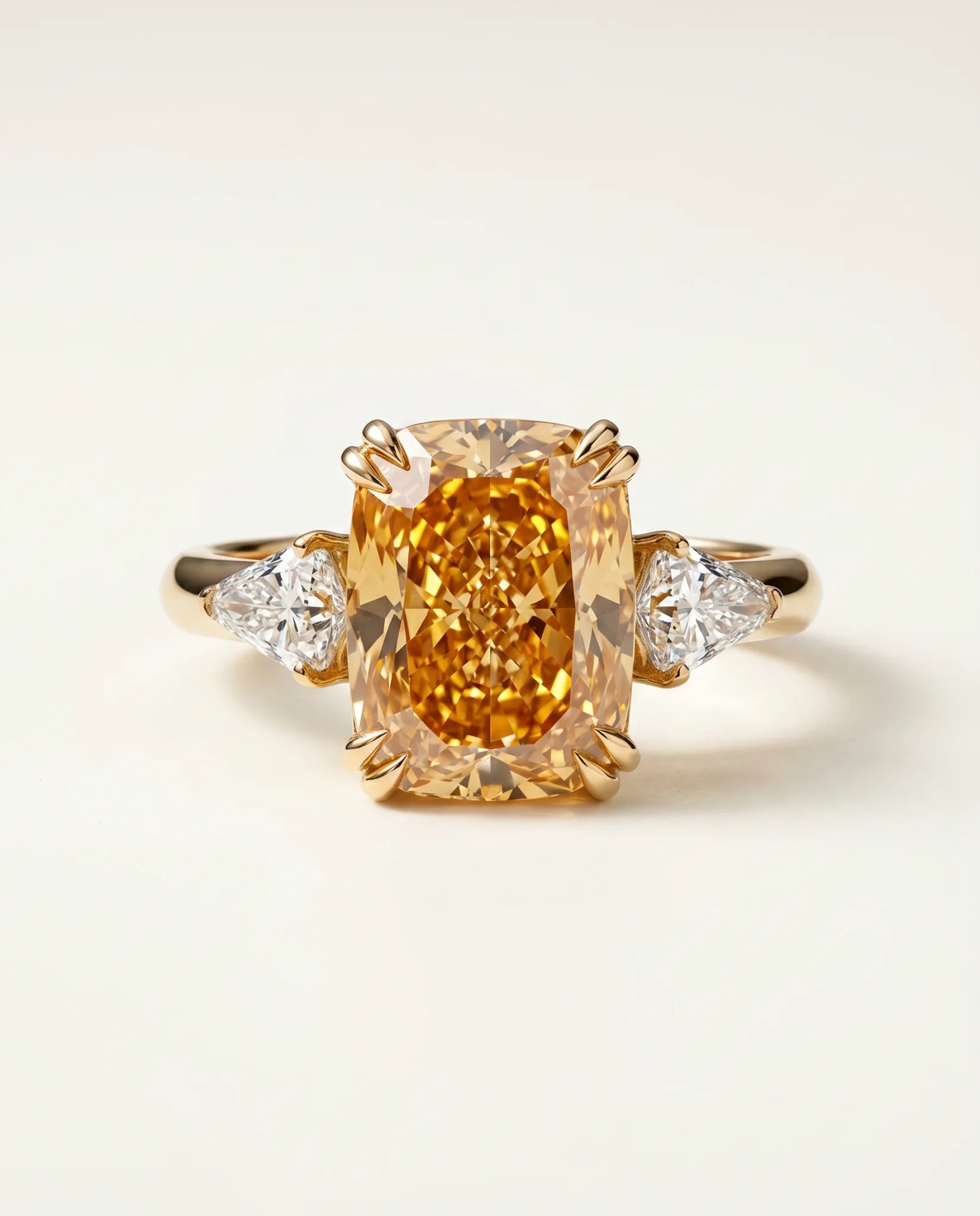 Ready to Ship 10 Carat Fancy Vivid Orangy Yellow Cushion Cut Three-Stone Rose Gold Diamond Ring — view 5