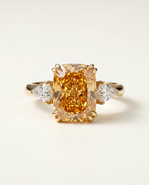 Ready to Ship 10 Carat Fancy Vivid Orangy Yellow Cushion Cut Three-Stone Rose Gold Diamond Ring — view 5