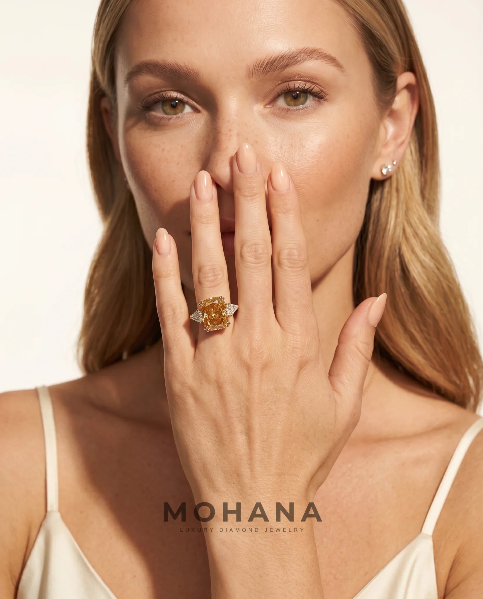 Ready to Ship 10 Carat Fancy Vivid Orangy Yellow Cushion Cut Three-Stone Rose Gold Diamond Ring — view 10