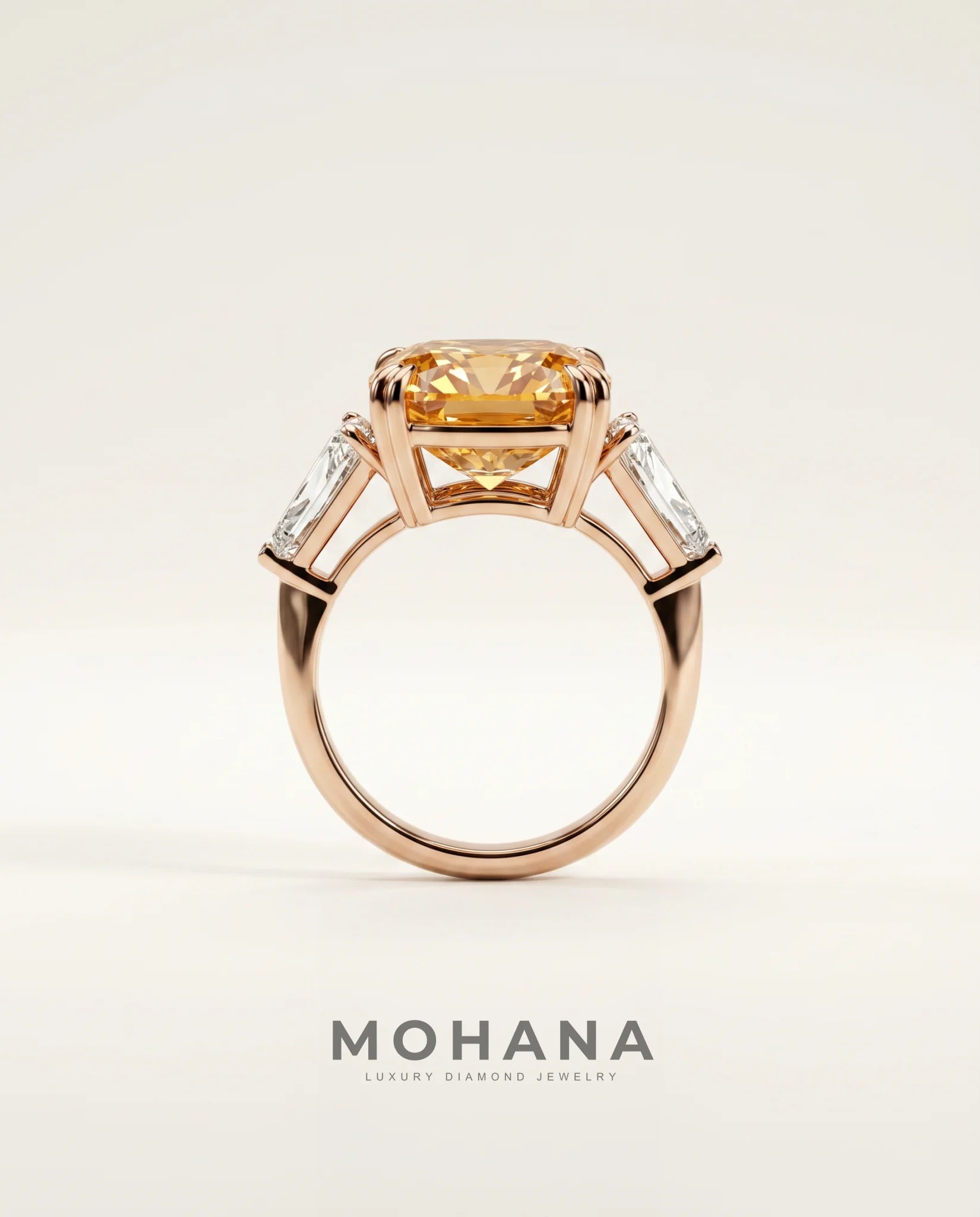 Ready to Ship 10 Carat Fancy Vivid Orangy Yellow Cushion Cut Three-Stone Rose Gold Diamond Ring — view 3