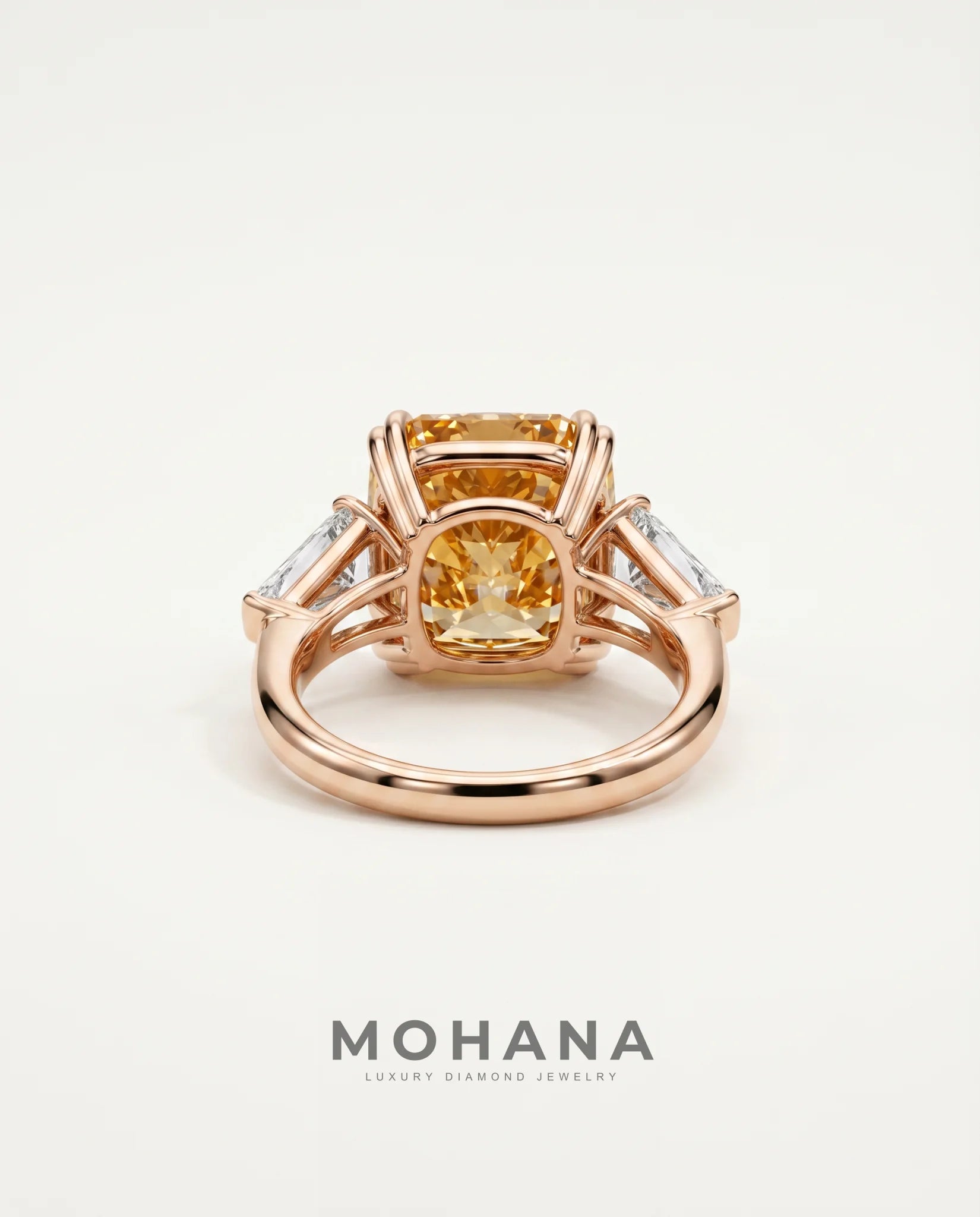 Ready to Ship 10 Carat Fancy Vivid Orangy Yellow Cushion Cut Three-Stone Rose Gold Diamond Ring — view 1