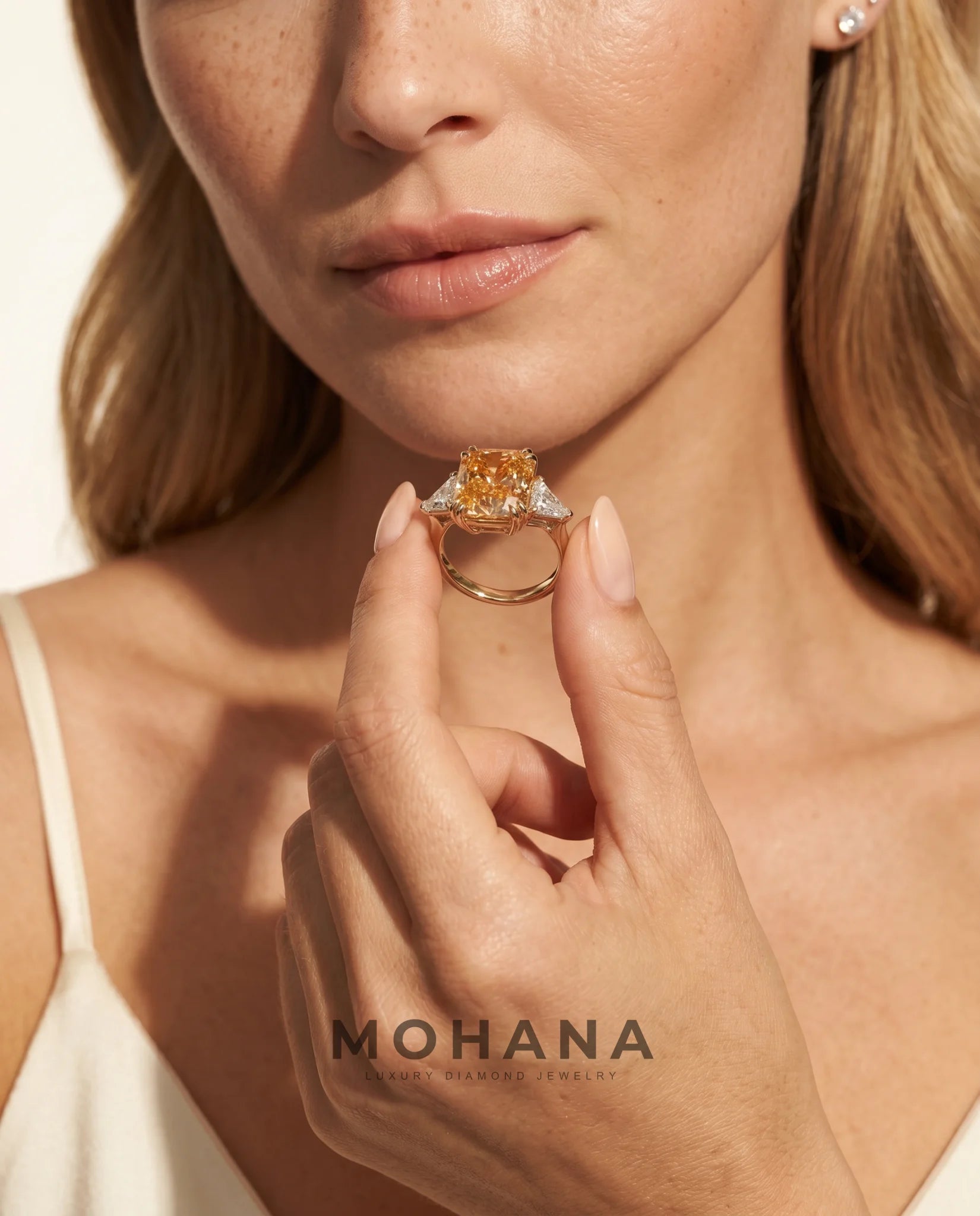 Ready to Ship 10 Carat Fancy Vivid Orangy Yellow Cushion Cut Three-Stone Rose Gold Diamond Ring — view 8