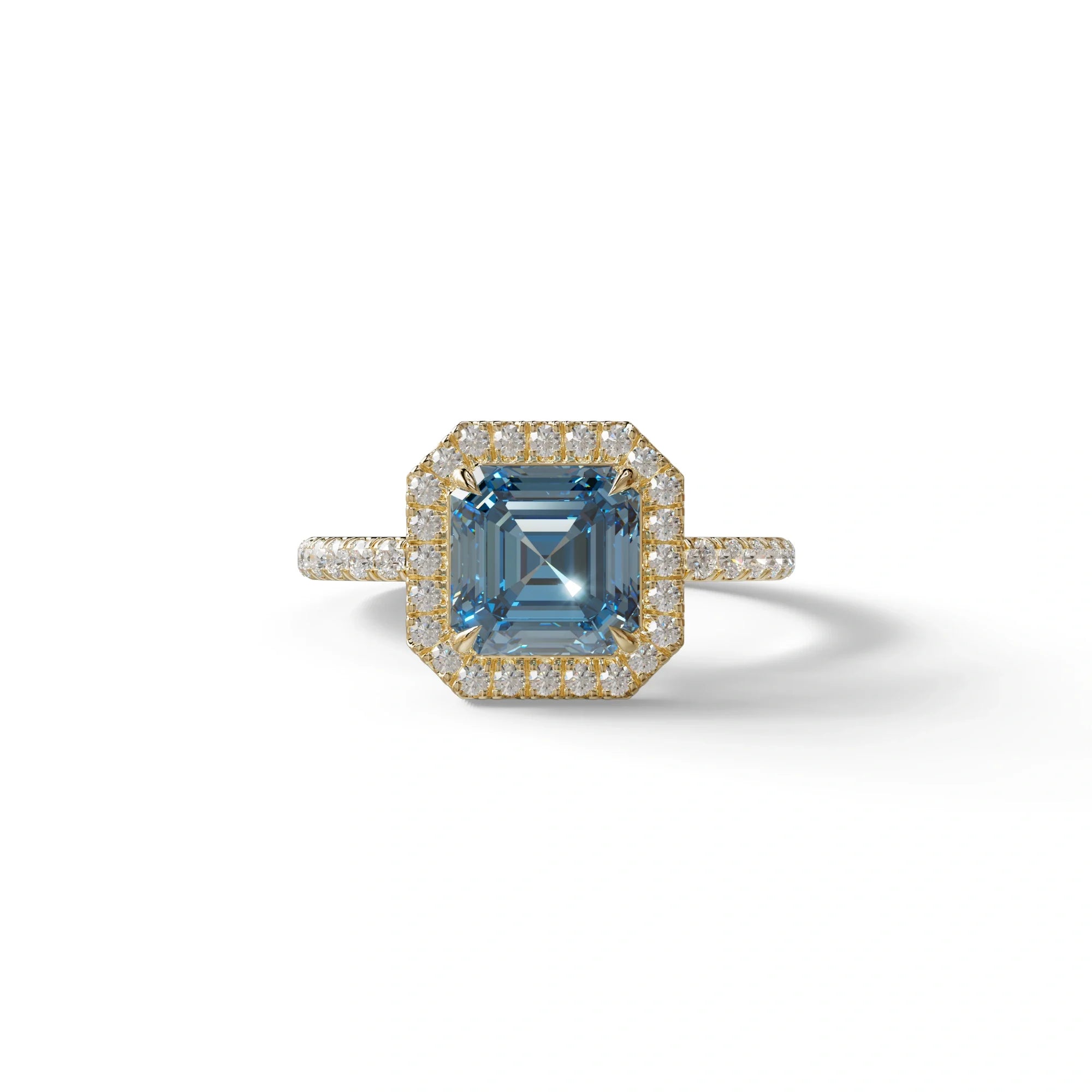 3.5 Ct Blue Asscher Cut Lab Diamond In Halo & Pave Setting Ring - Up Glam - 10K Solid Gold / Yellow Gold