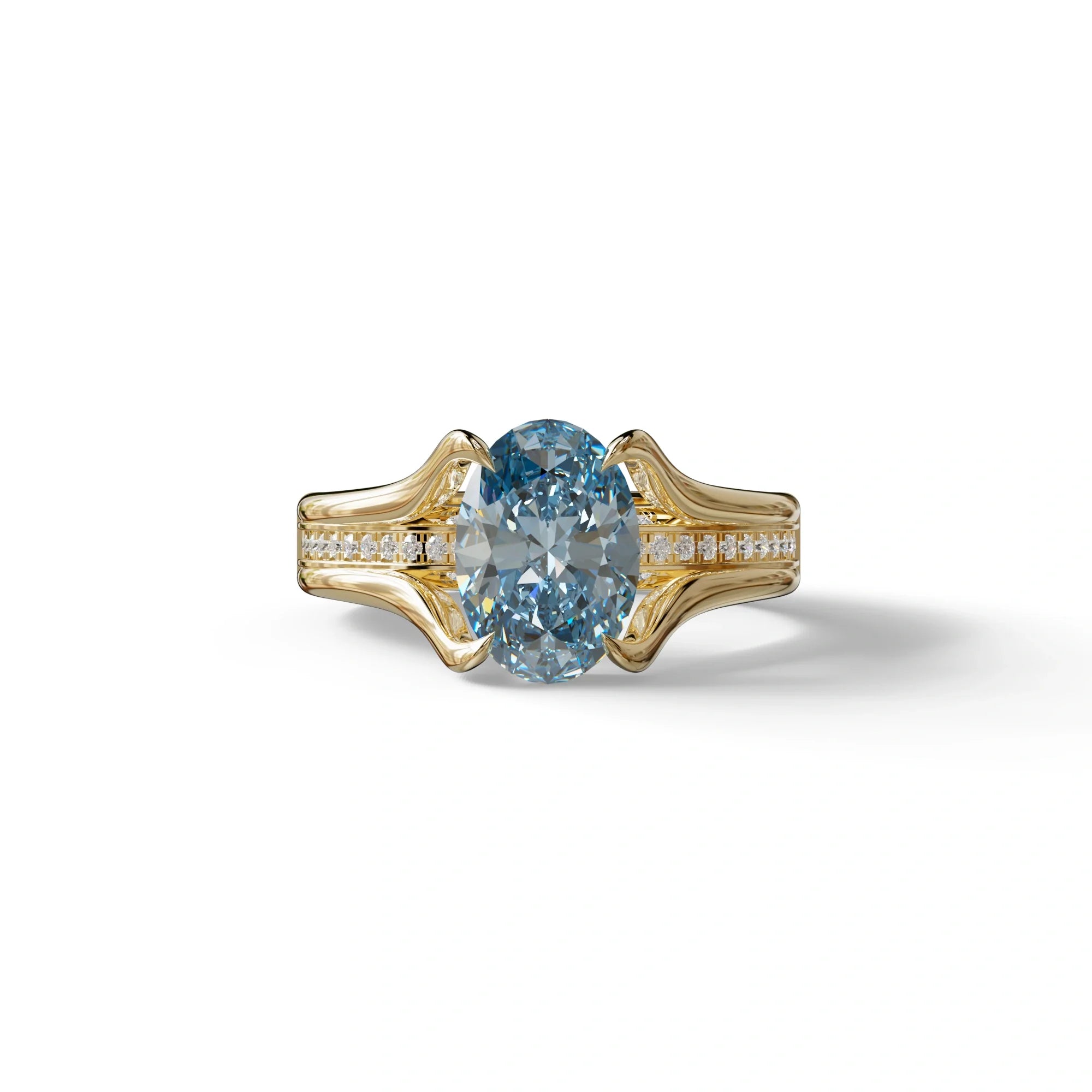 3 Carat Blue Oval Cut lab Diamond Engagement Ring Unique Design Ring- Beverly - 10K Solid Gold / Yellow Gold