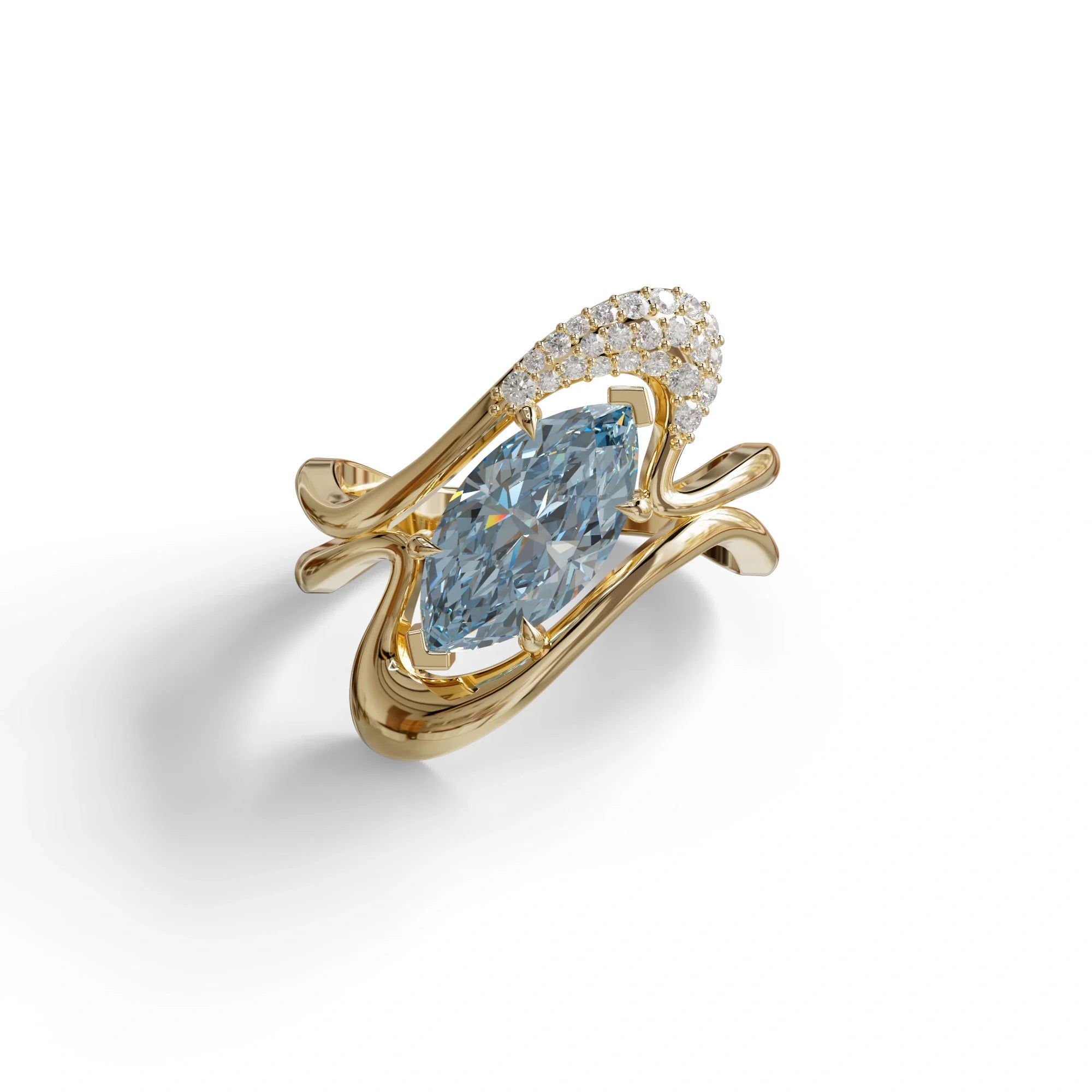 3 Carat Marquise Cut Blue Lab Diamond Curve Ring - Myka - 10K Solid Gold / Yellow Gold