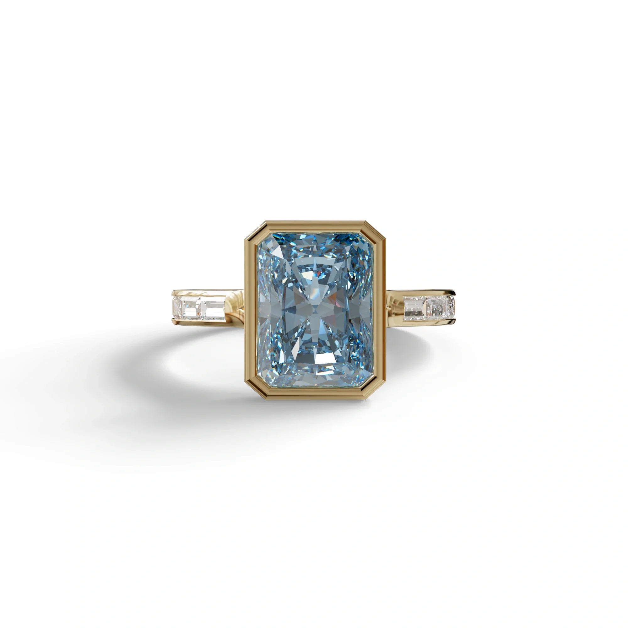 3 Ct Radiant Cut Blue Color Lab Diamond Ring - Olympia - 10K Solid Gold / Yellow Gold