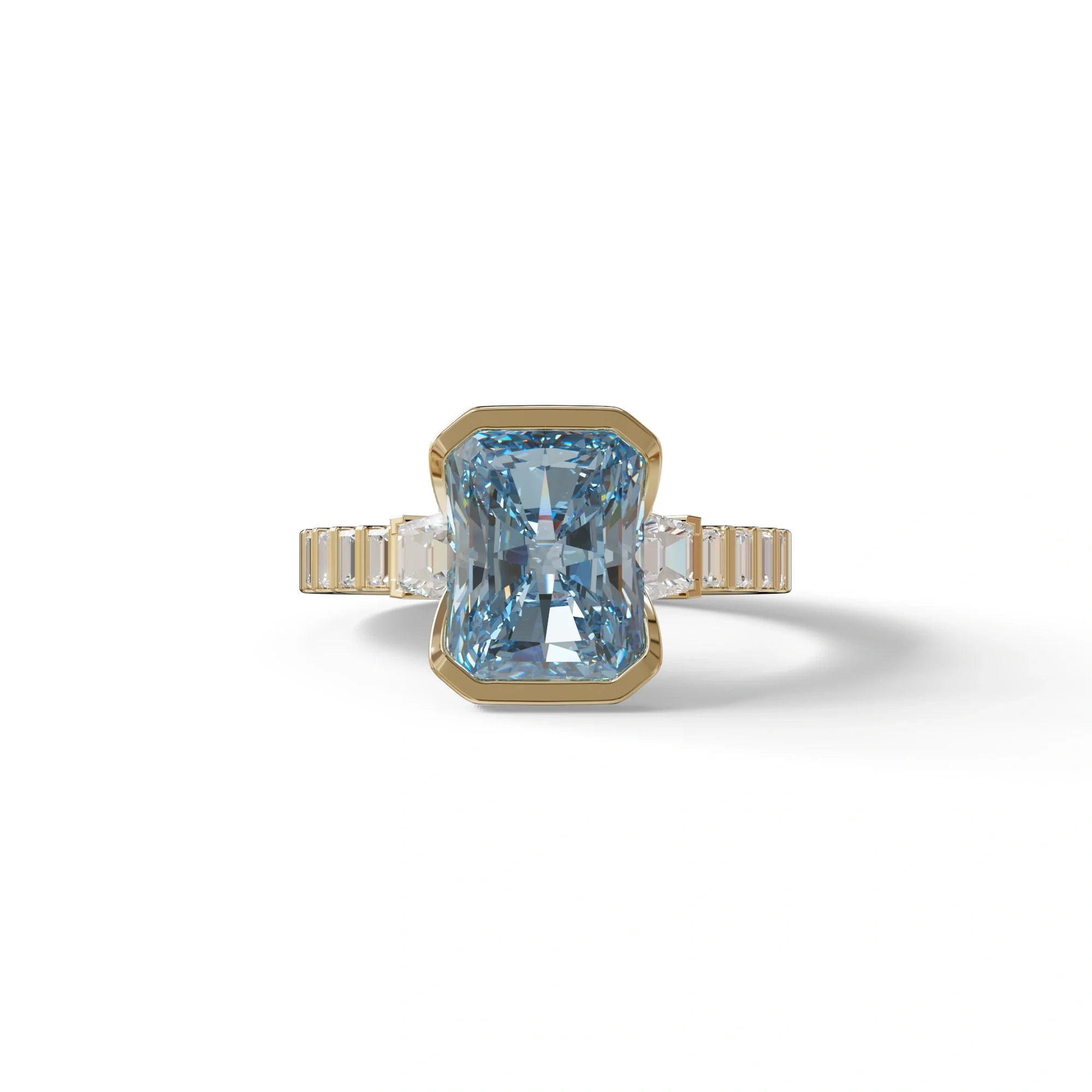 3 Carat Fancy Vivid Blue Radiant Cut Lab Diamond Engagement Ring | Three Stone Bezel Set Ring- Adiamor - 10K Solid Gold