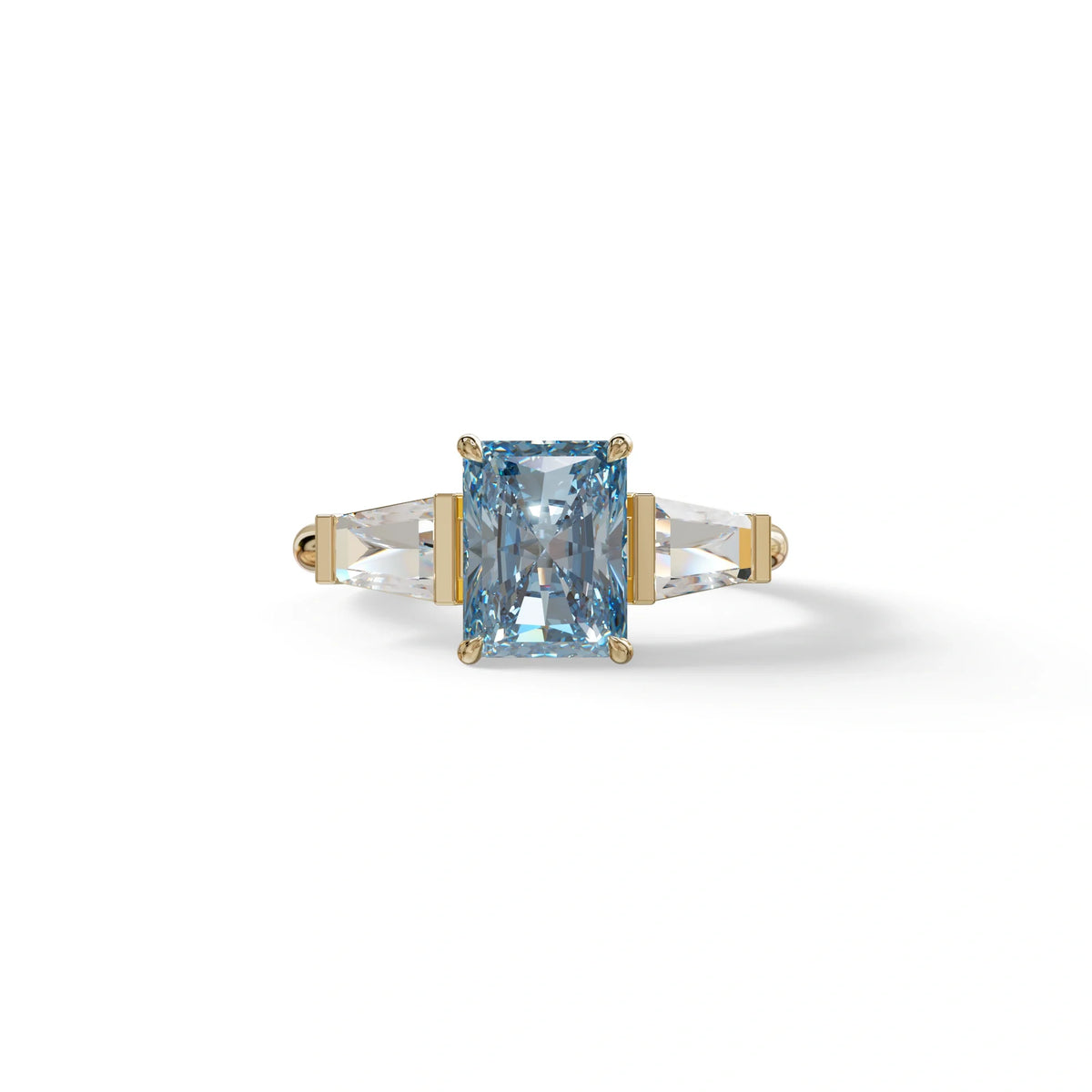 3Ct Vivid Blue Radiant Cut Lab Grown Diamond Three Stone Engagement Ring - Yana - 10K Solid Gold / Yellow Gold