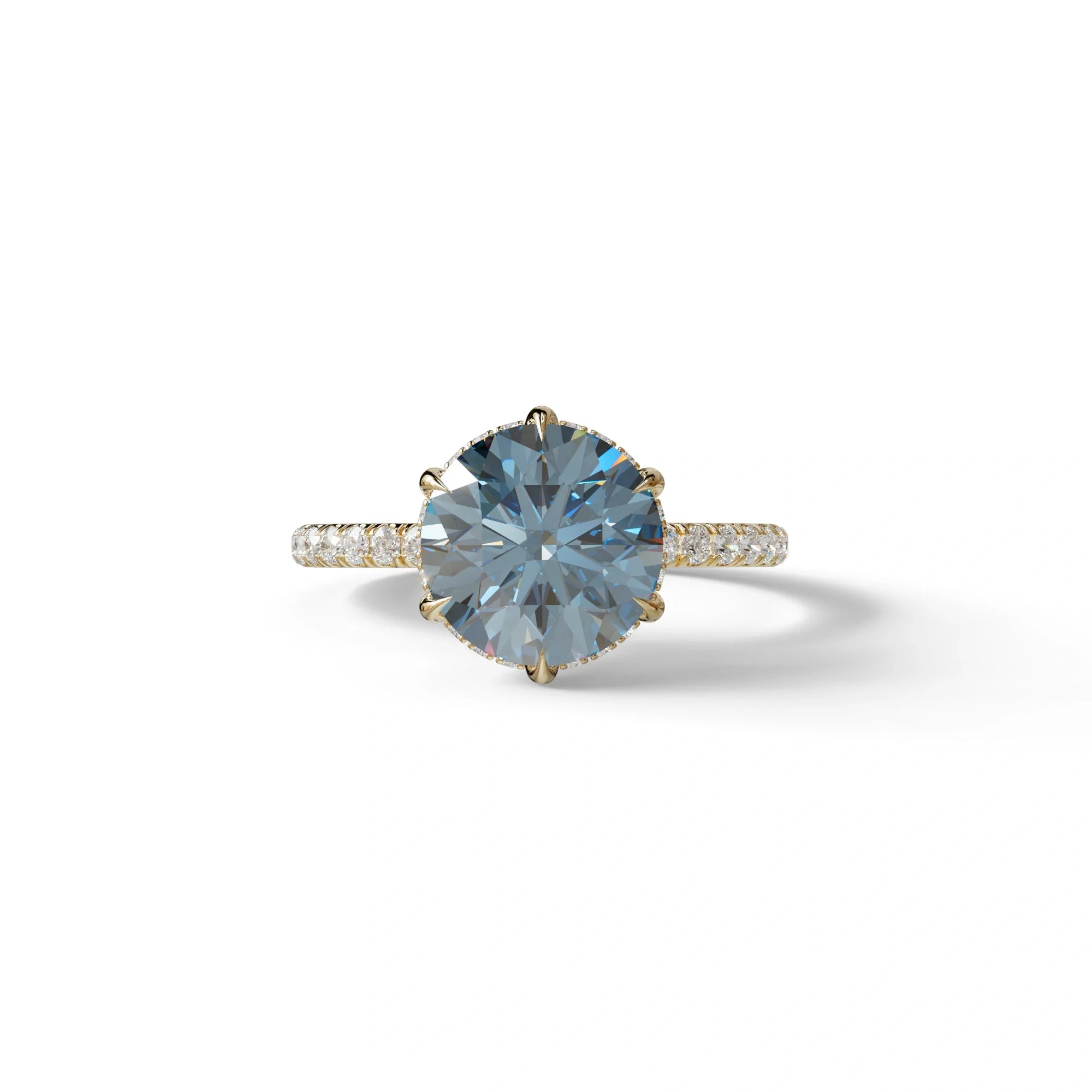 2.5 Carat Blue Round Cut Hidden Halo & Pave Lab Diamond Ring - Hyper Saga - 10K Solid Gold / Yellow Gold