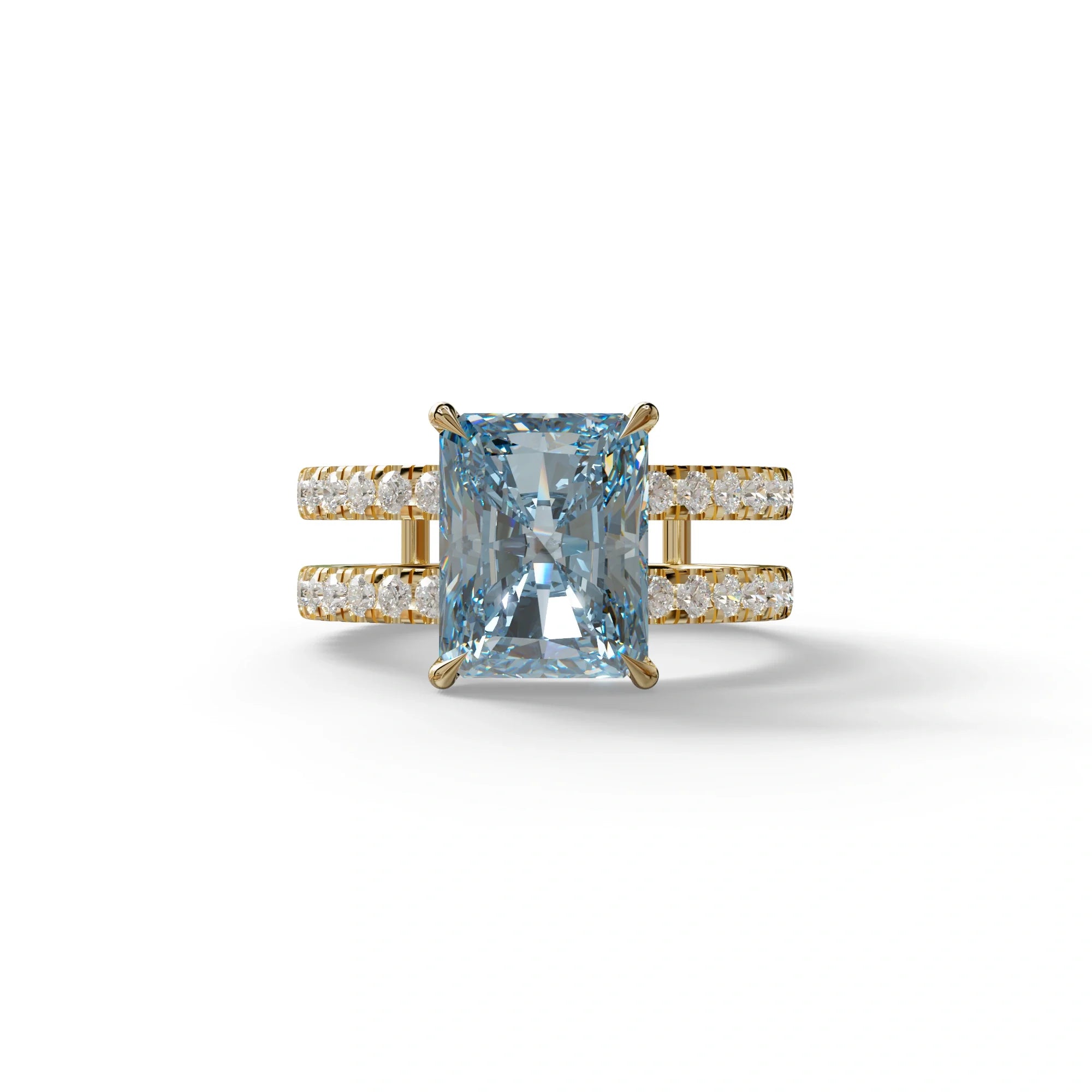 3 Carat Blue Radiant Cut Lab Diamond Engagement Ring | Double Band Hidden Halo Ring - Billie - 10K Solid Gold / Yellow