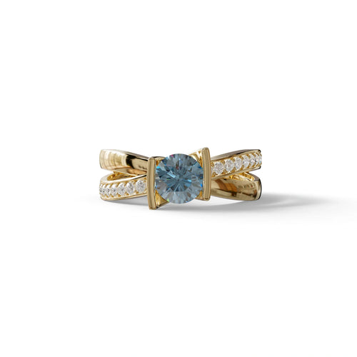 1 Carat Blue Round Cut Lab Diamond Crossover Ring Pave Setting - Lisa - 10K Solid Gold / Yellow Gold