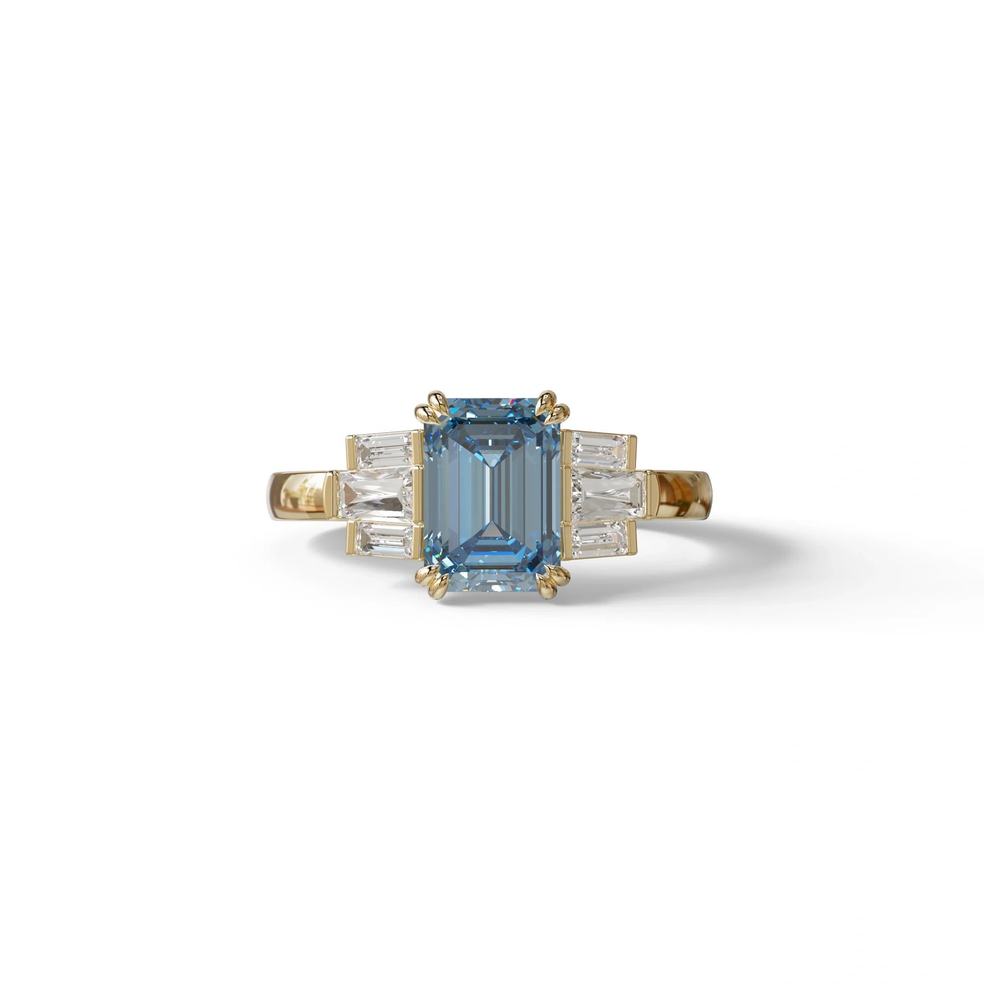 3 Carat Emerald Cut Blue Lab Diamond Engagement Ring - Leela - 10K Solid Gold / Yellow Gold