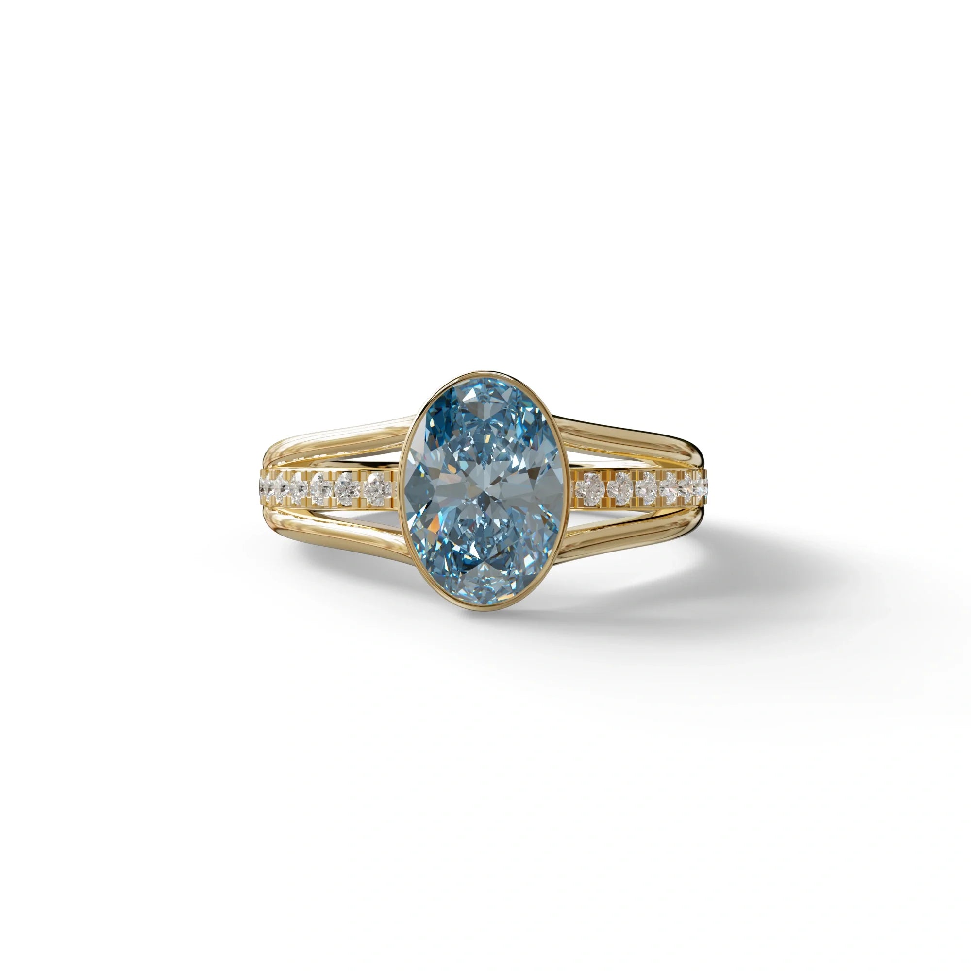 3 carat Fancy Vivid Blue Oval Cut lab Diamond Engagement Ring - Prisma - 10K Solid Gold / Yellow Gold