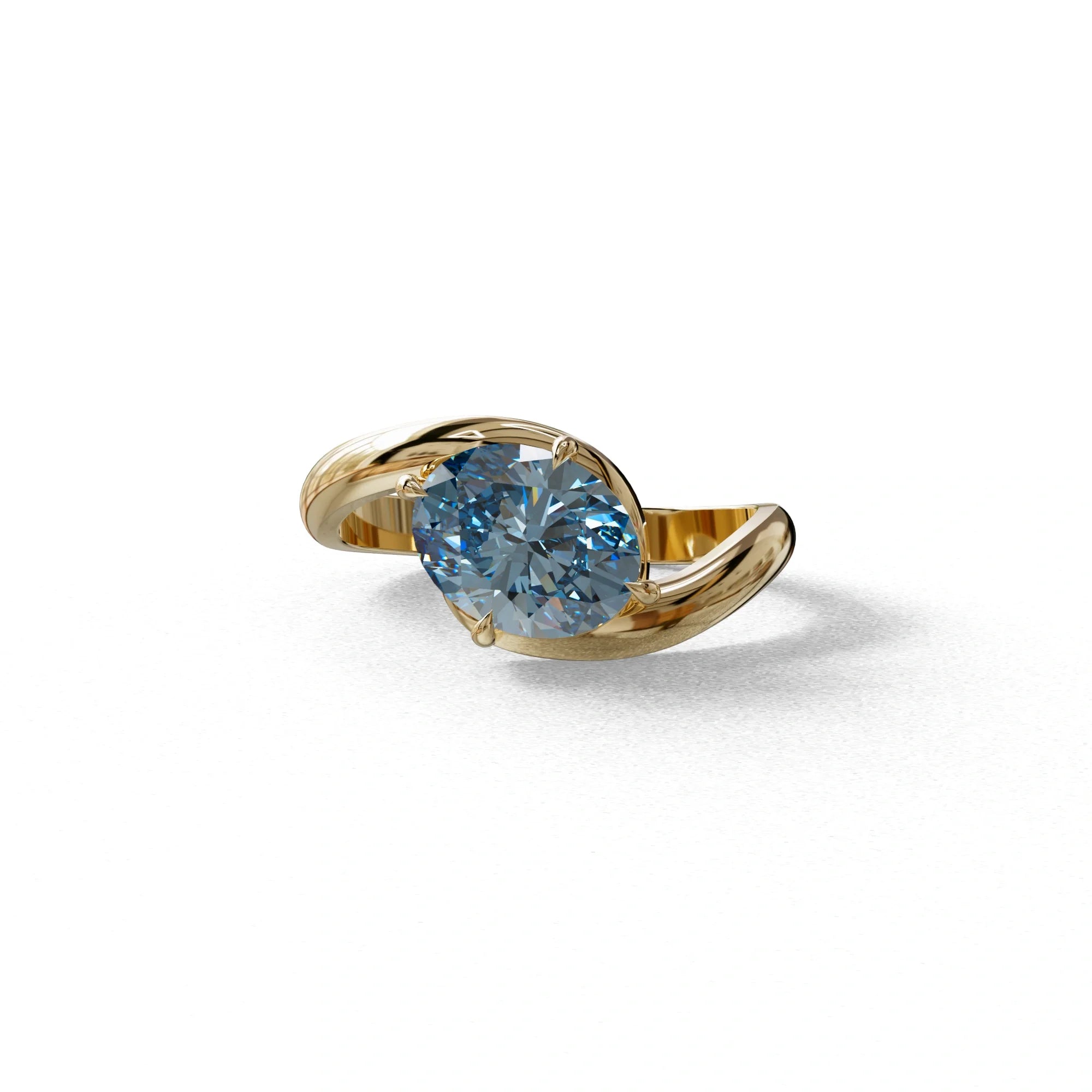 2 Carat Fancy Vivid Blue Oval Cut Lab Diamond Ring - Estella - 10K Solid Gold / Yellow Gold