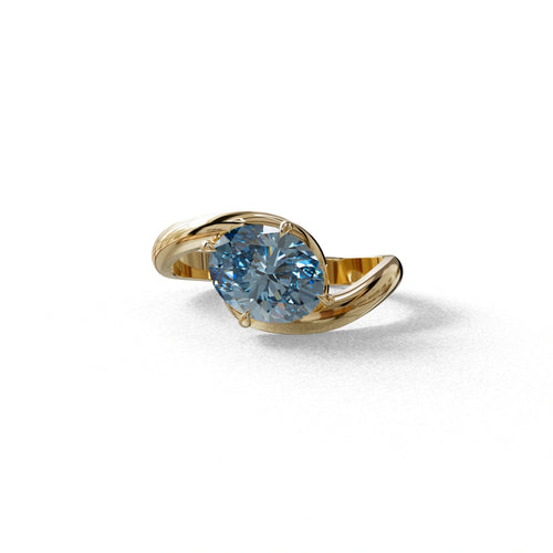2 Carat Fancy Vivid Blue Oval Cut Lab Diamond Ring - Estella - 10K Solid Gold / Yellow Gold