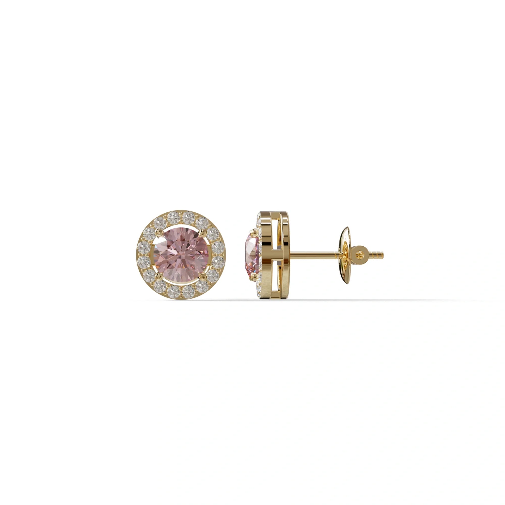Ciera - Pink Color Round Diamond Stud Earrings | Halo Setting | Certified