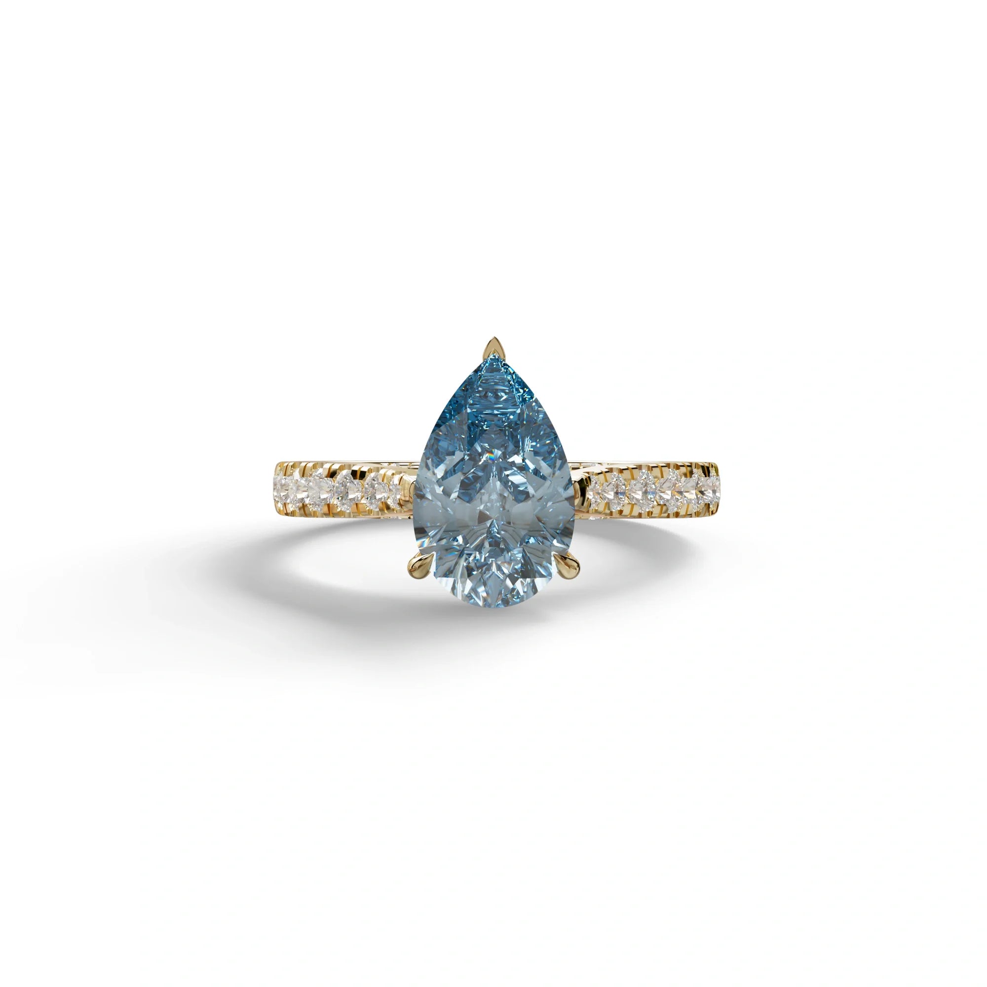 2 Carat Blue Pear Shaped Hidden Halo Lab Diamond Engagement Ring - Teardrop - 10K Solid Gold / Yellow Gold